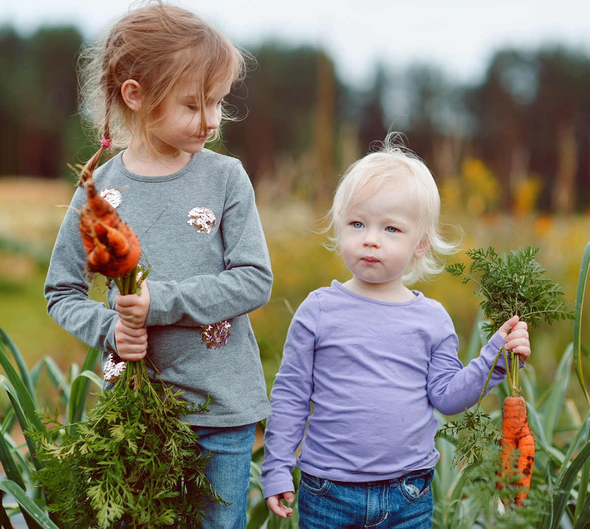 Baby and toddler holding carrots.