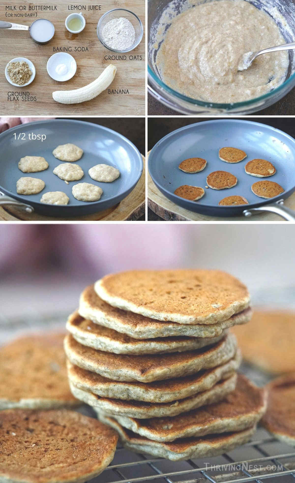 Process shots showing how to make Egg free Baby Pancakes With Banana.