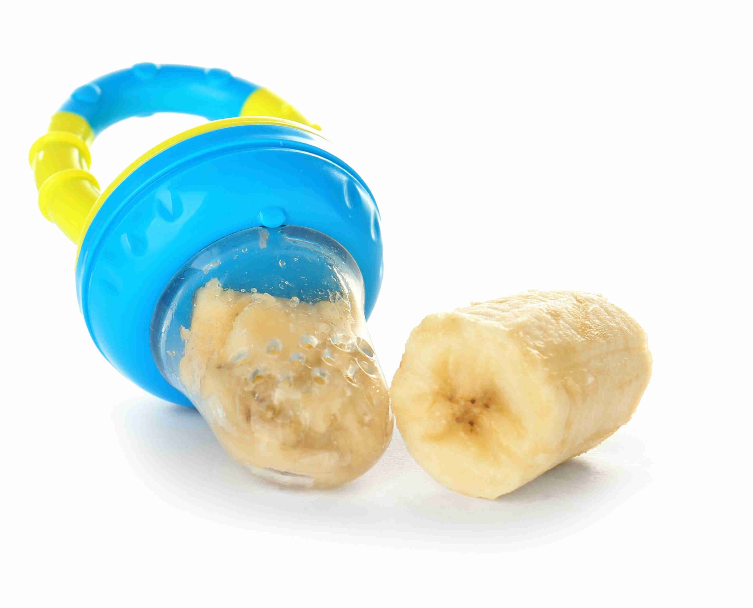Baby feeder with frozen banana for teething baby.