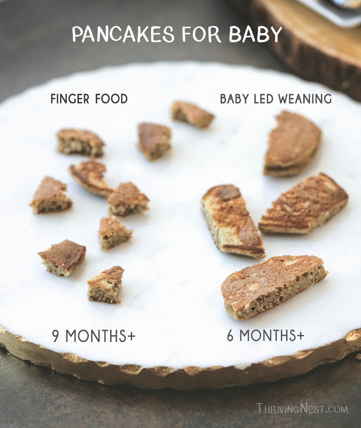 Baby led weaning pancakes, picture showing pancake serving size for babies 6 month old and up.