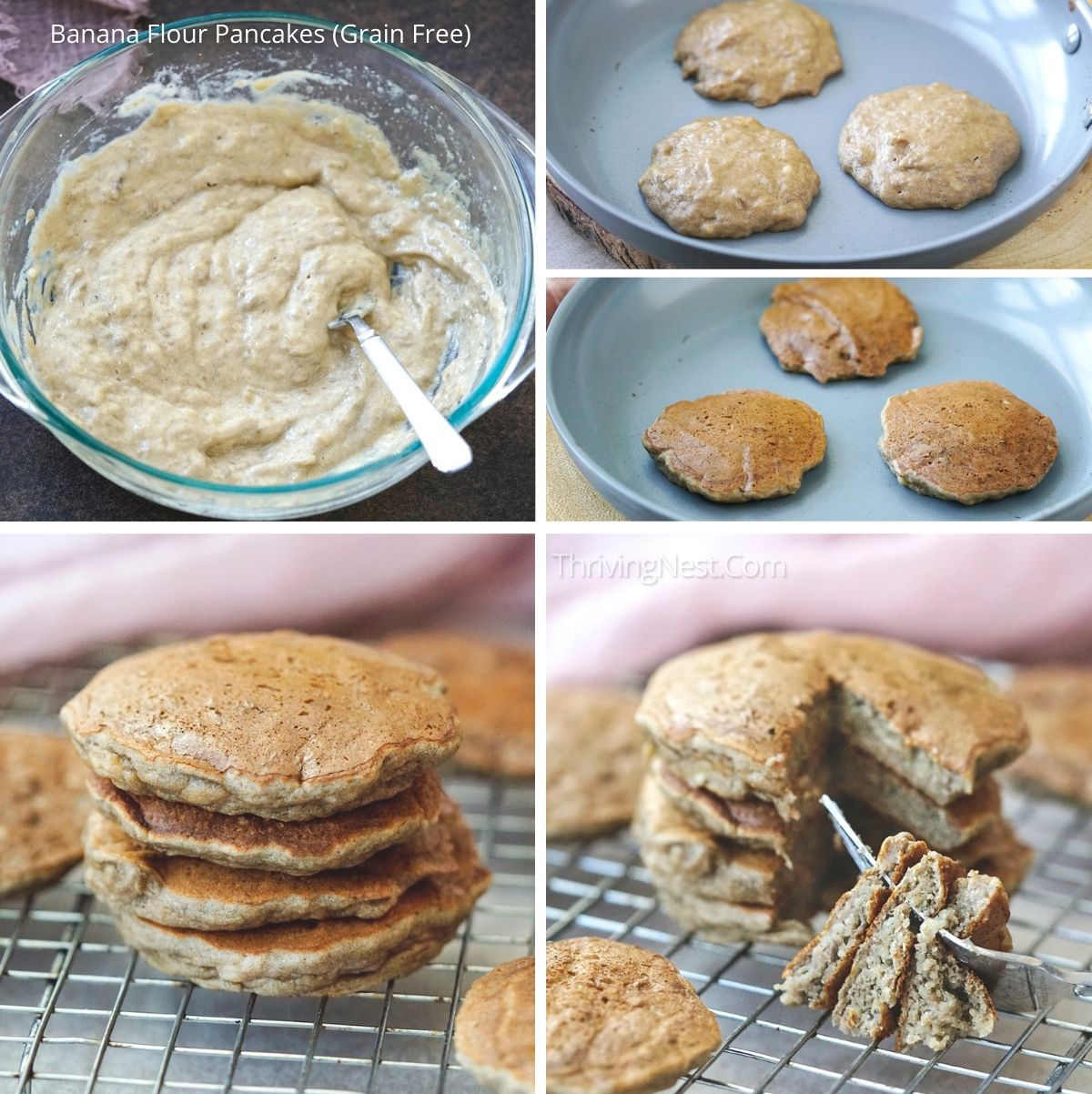 Process shots showing how to make grain free banana pancakes for baby with banana flour.