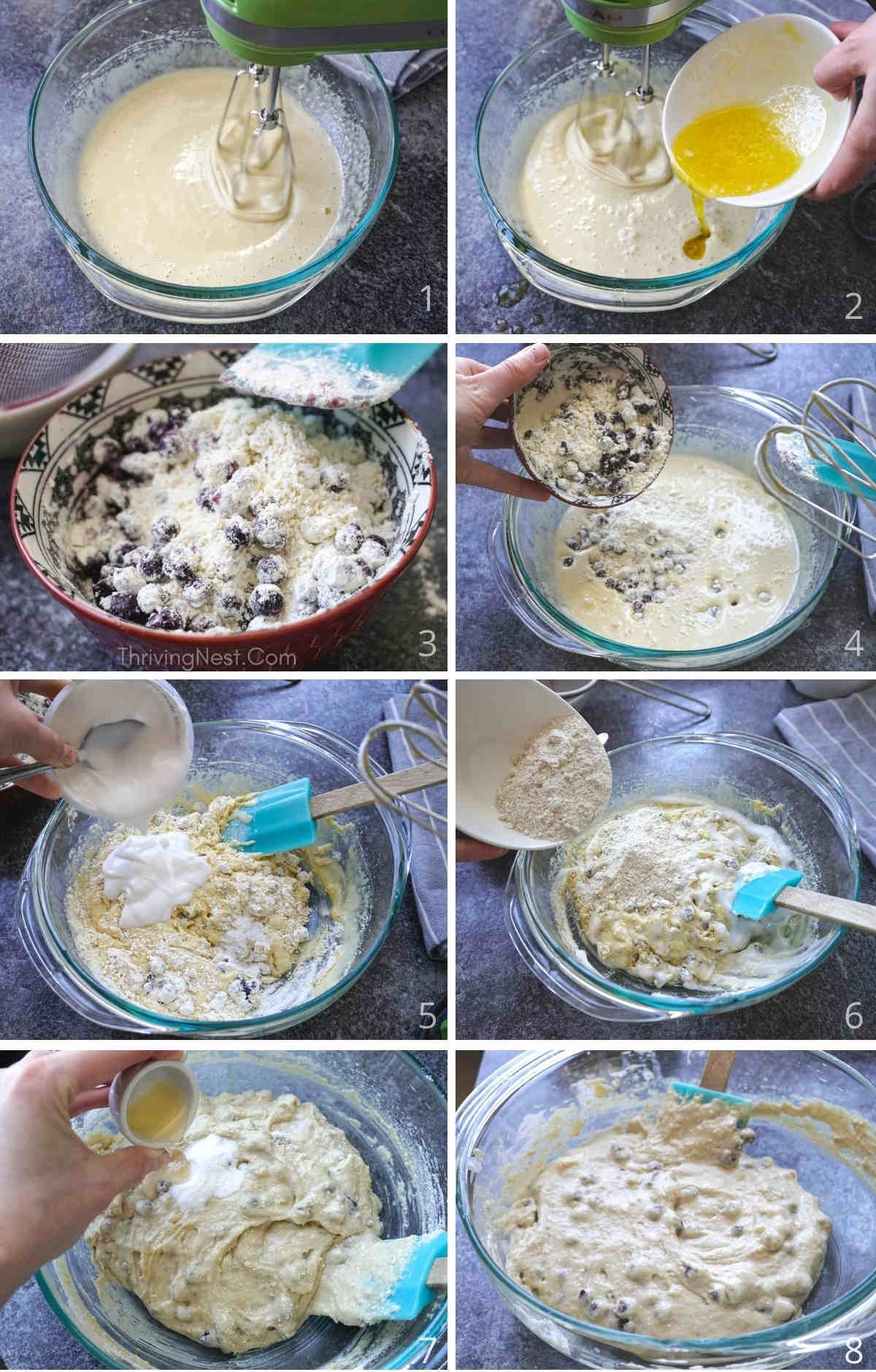 Process shots showing how to make blueberry muffins for baby step by step with pictures.