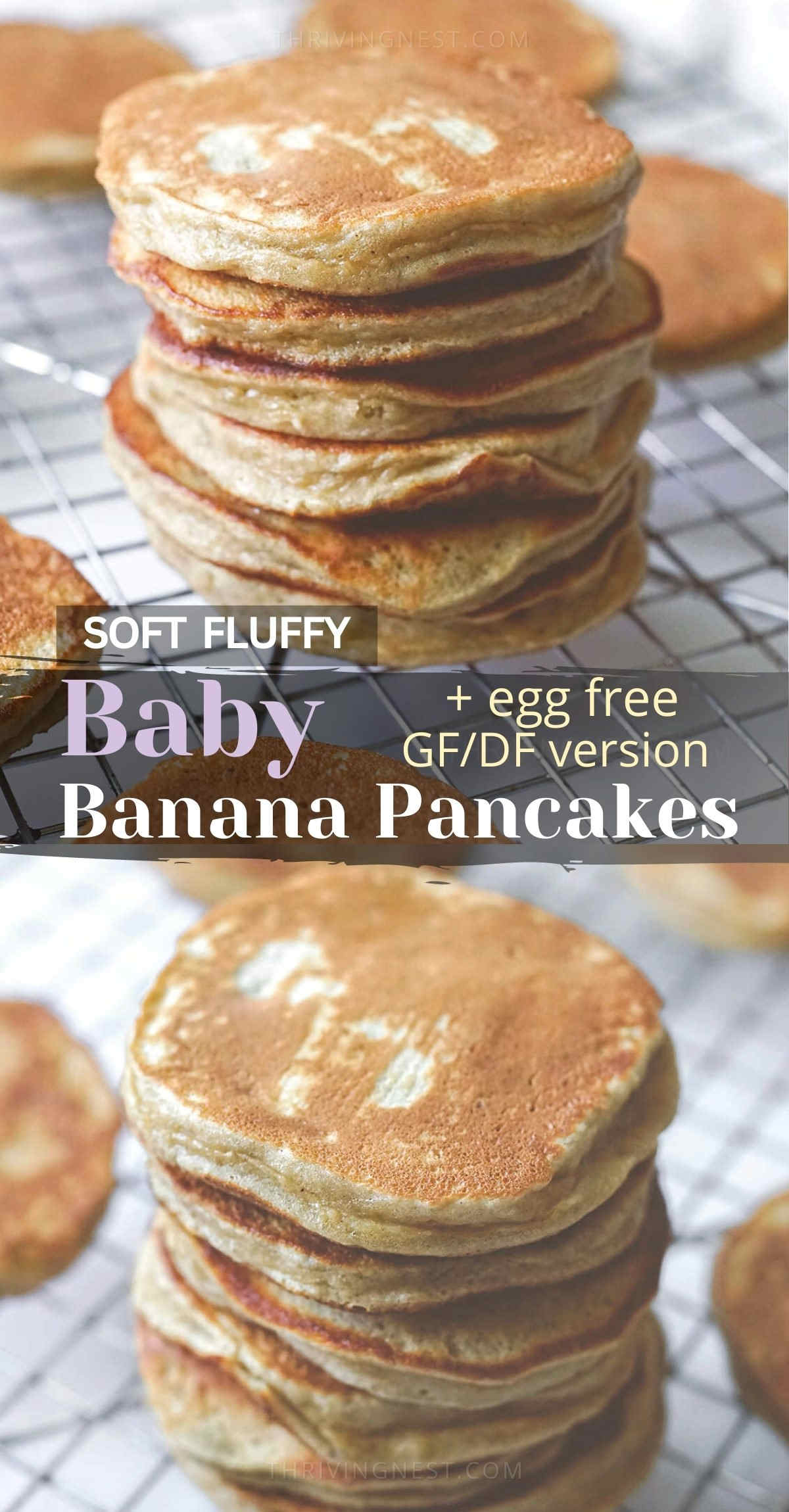 Healthy baby banana pancakes packed with mashed bananas – soft, fluffy and easy to make. These banana pancakes make a great breakfast for babies 6 months and up, baby-led weaning, toddlers and older kids. This baby banana pancake recipe needs no added sugar and can be tweaked to be egg free, dairy free, grain free and vegan. #babypancakes #babyfood #babyledweaning #bananapancakes #babybreakfast #eggfree