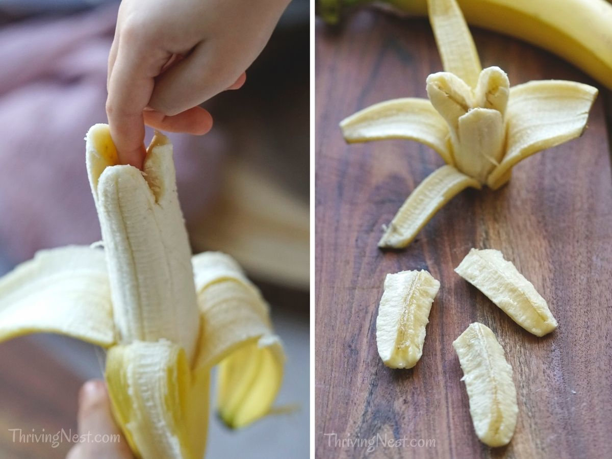 Banana for baby led weaning, how to split a banana with a finger without cutting. #babyledweaning #banana