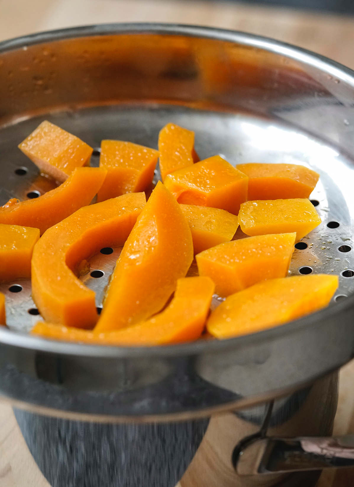 Steaming butternut squash for baby food.