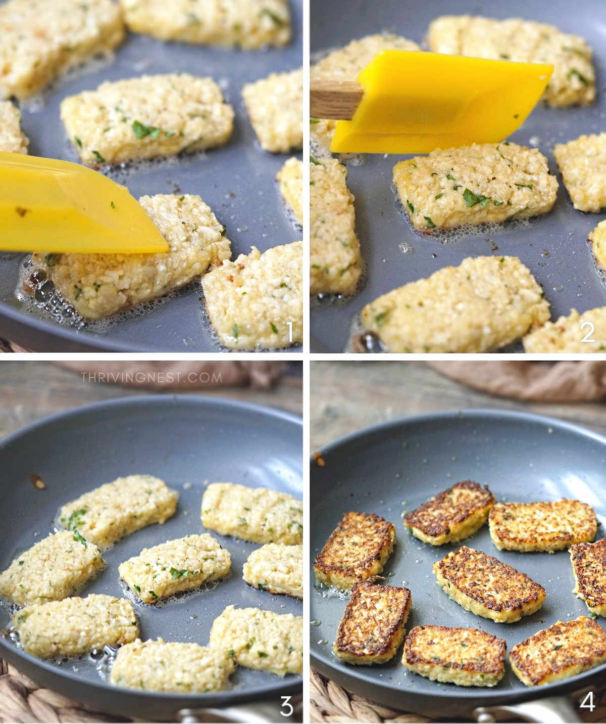 Process shots of how to make cauliflower tots, nuggets or bites for babies as finger food, how to fry in a skillet until golden brown.