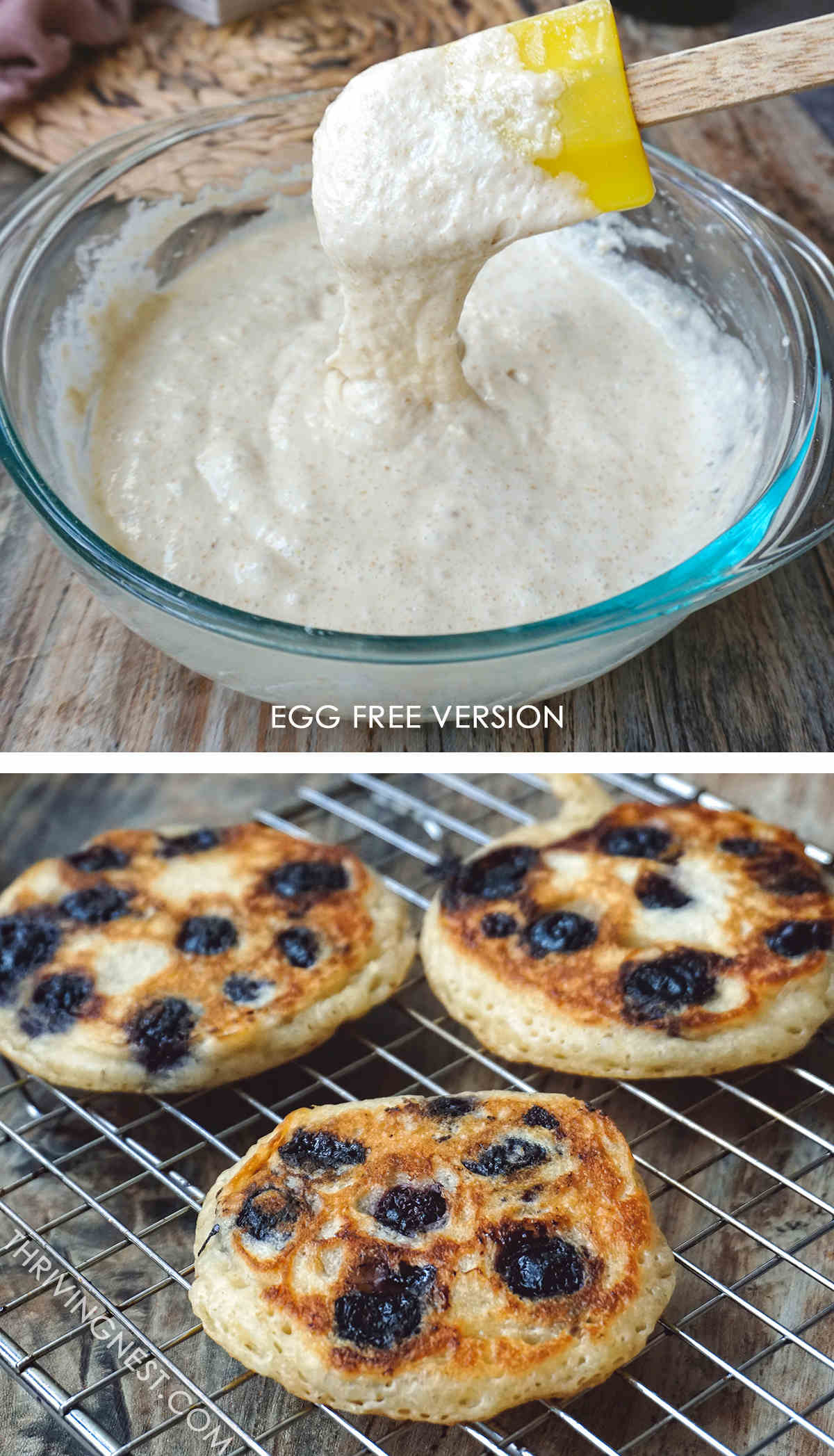 The right consistency of egg free pancake batter and cooked egg free baby blueberry pancakes cooling on a rack.