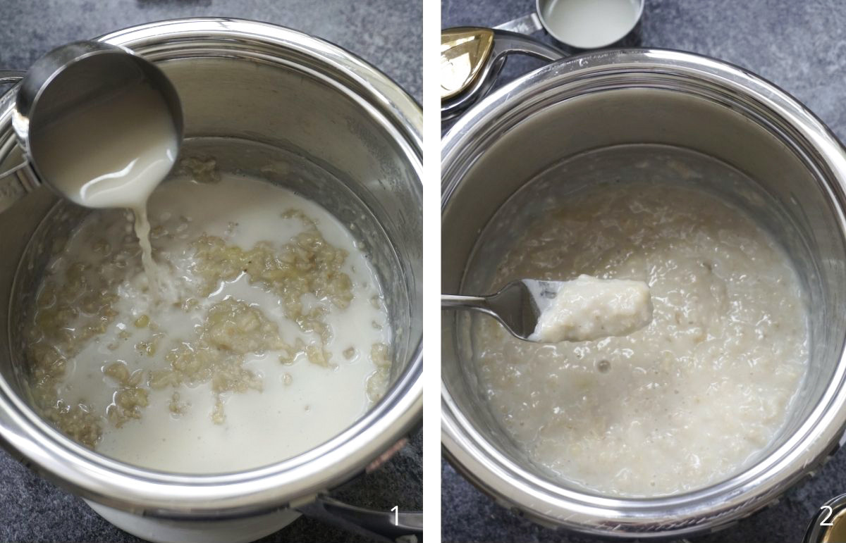 Process shot of cooking rolled oats for baby with added dairy free milk.