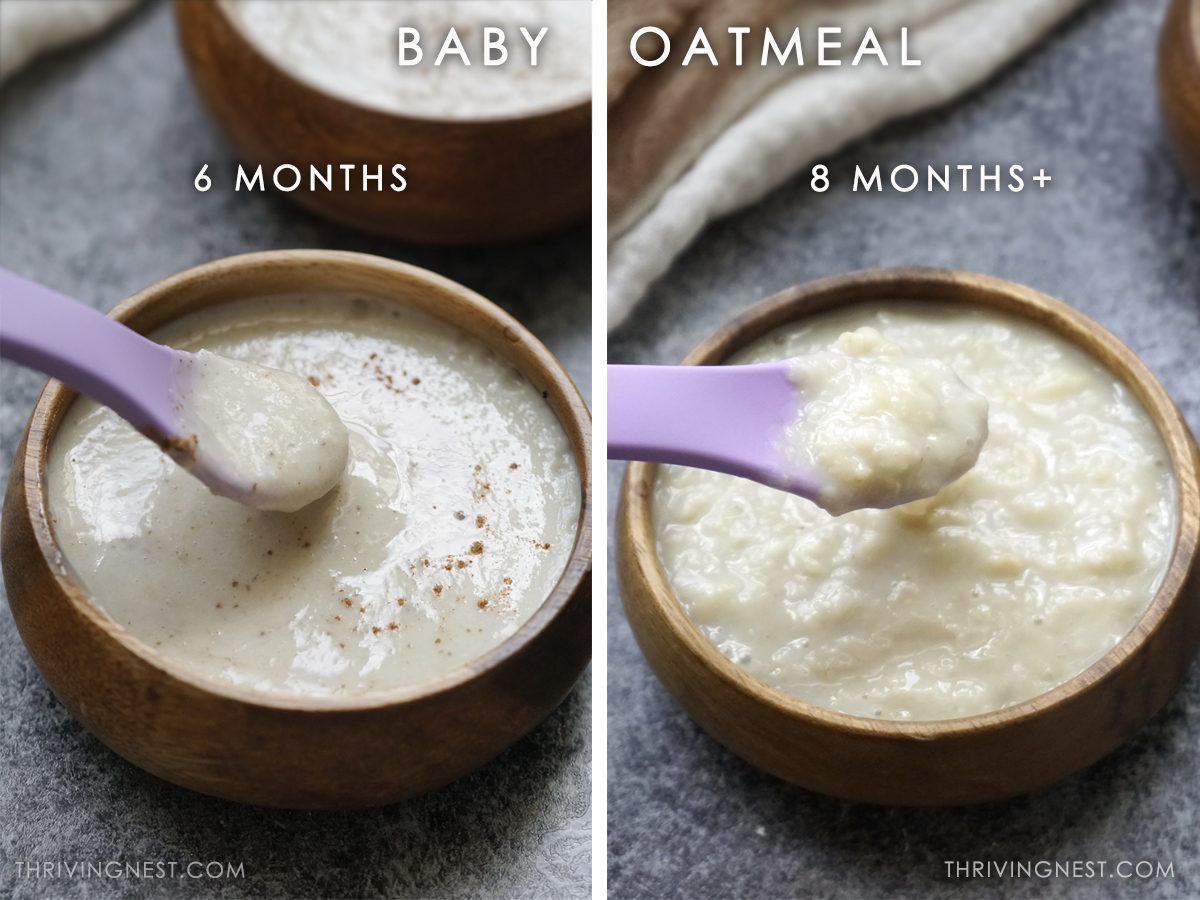 Oatmeal for babies 6 and 8 months toddlers and older kids. Baby oatmeal porridge: same ingredients, different texture.