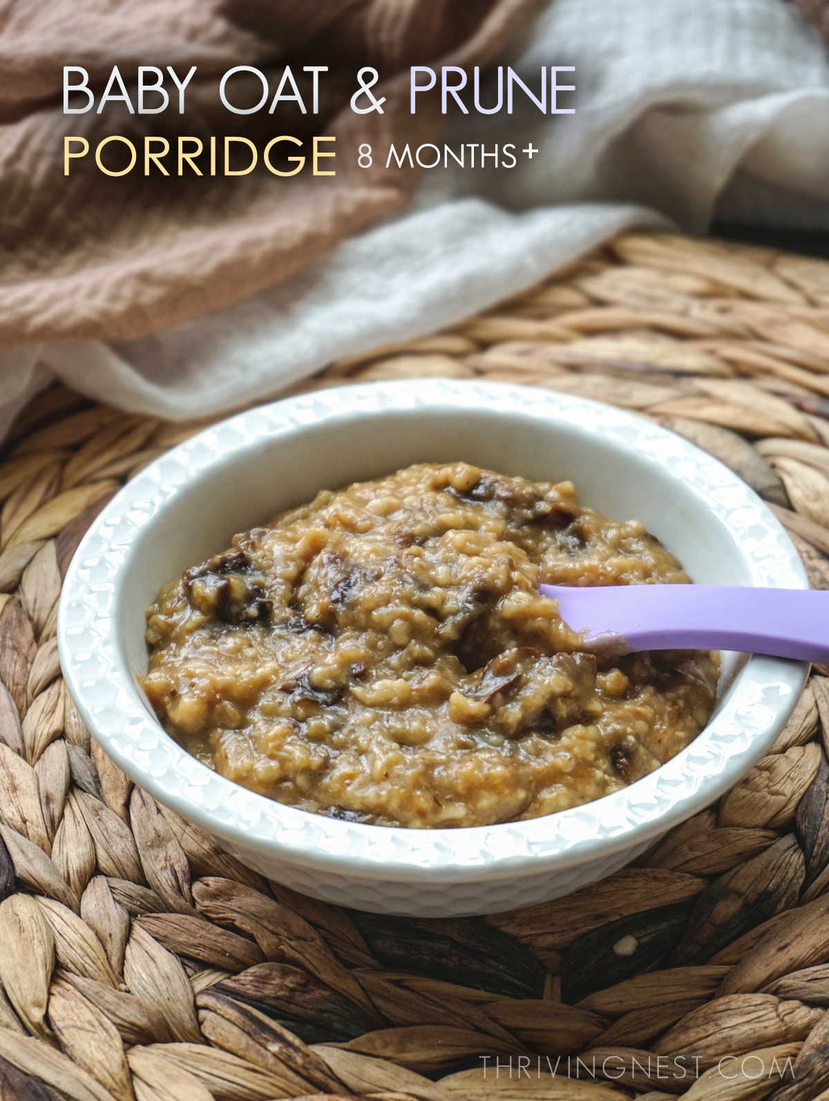 Oatmeal prune porridge for toddlers in a small bowl and spoon.