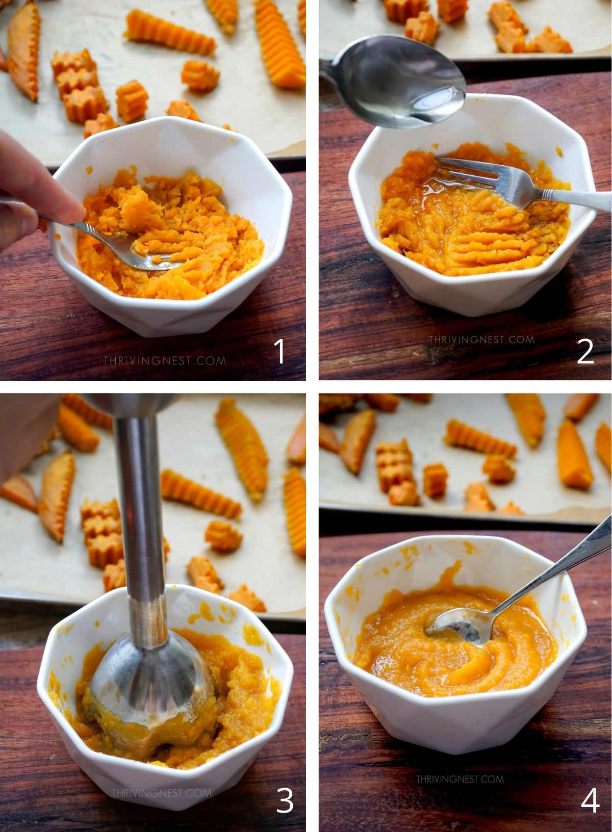 Process shots on how to make mashed sweet potato for baby and sweet potato puree stage 1 and 2 for 6 months + babies.
