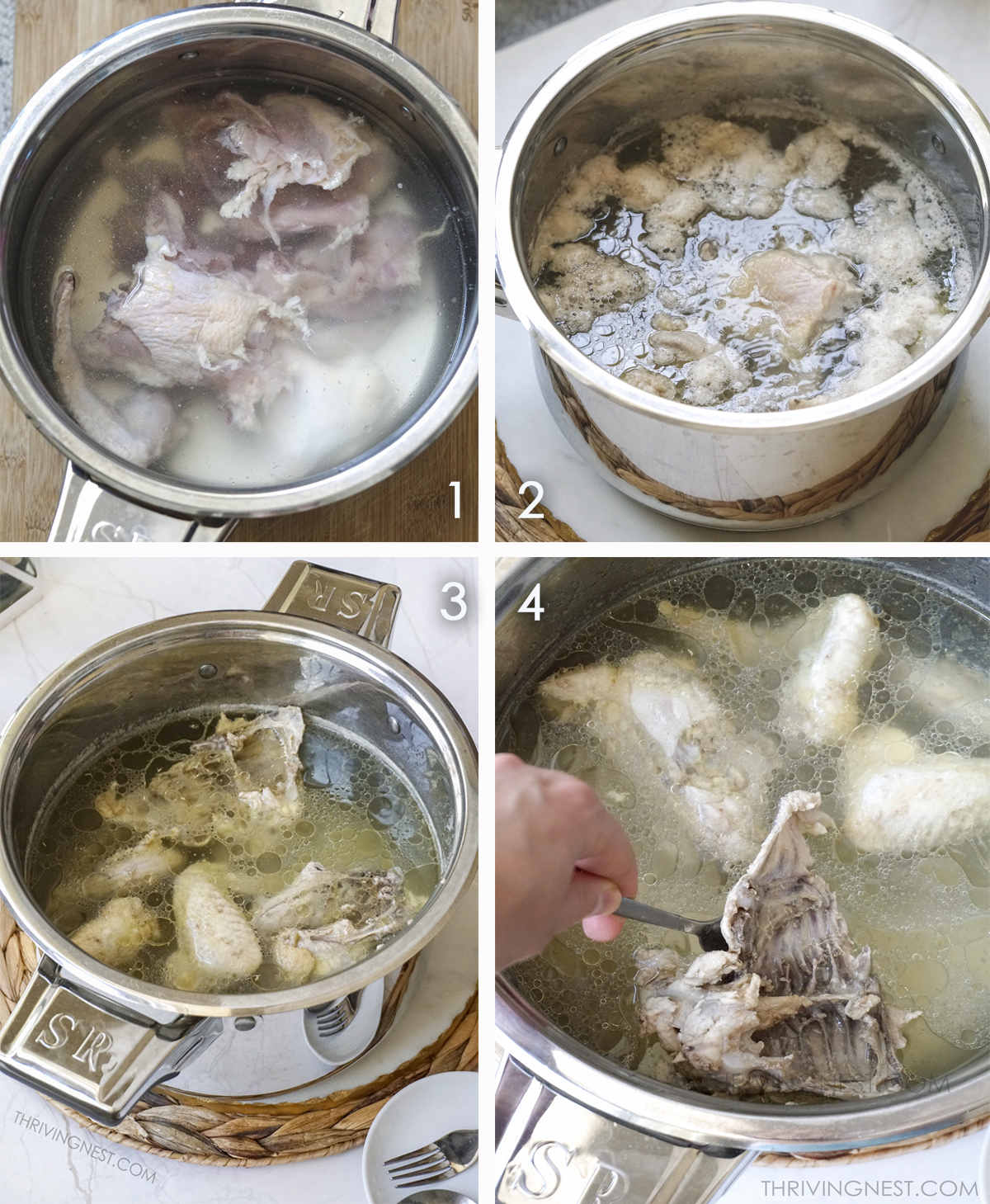 Process shots on how to boil chicken for baby stock or baby broth.