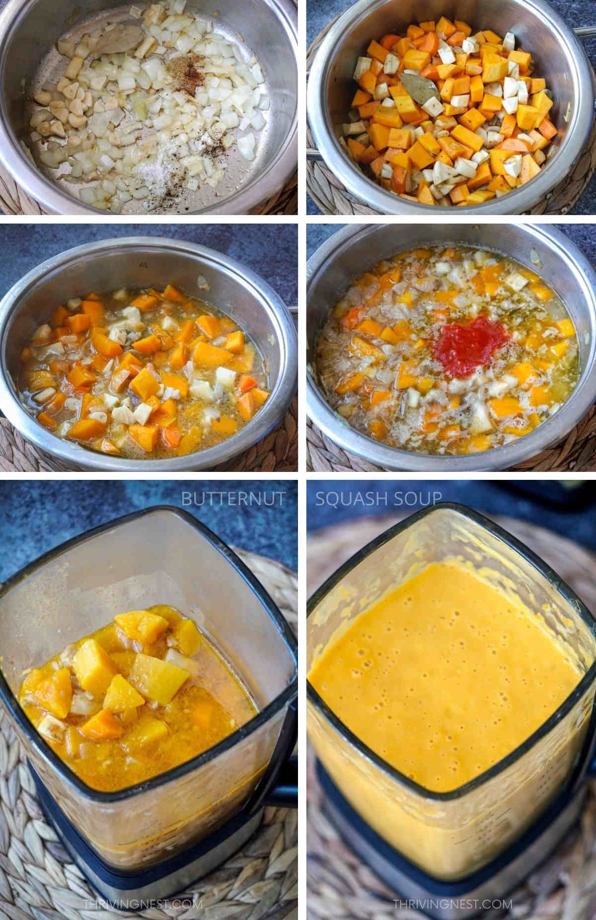 How to make and cook butternut squash soup for toddlers and babies from scratch with stock, creamed in a blender - process shots.