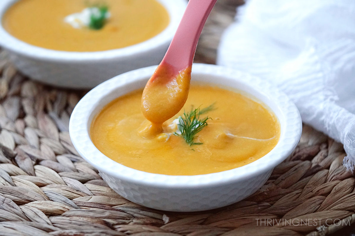 Roasted butternut squash soup recipe for baby, toddlers and older kids made with squash, carrots and celeriac.