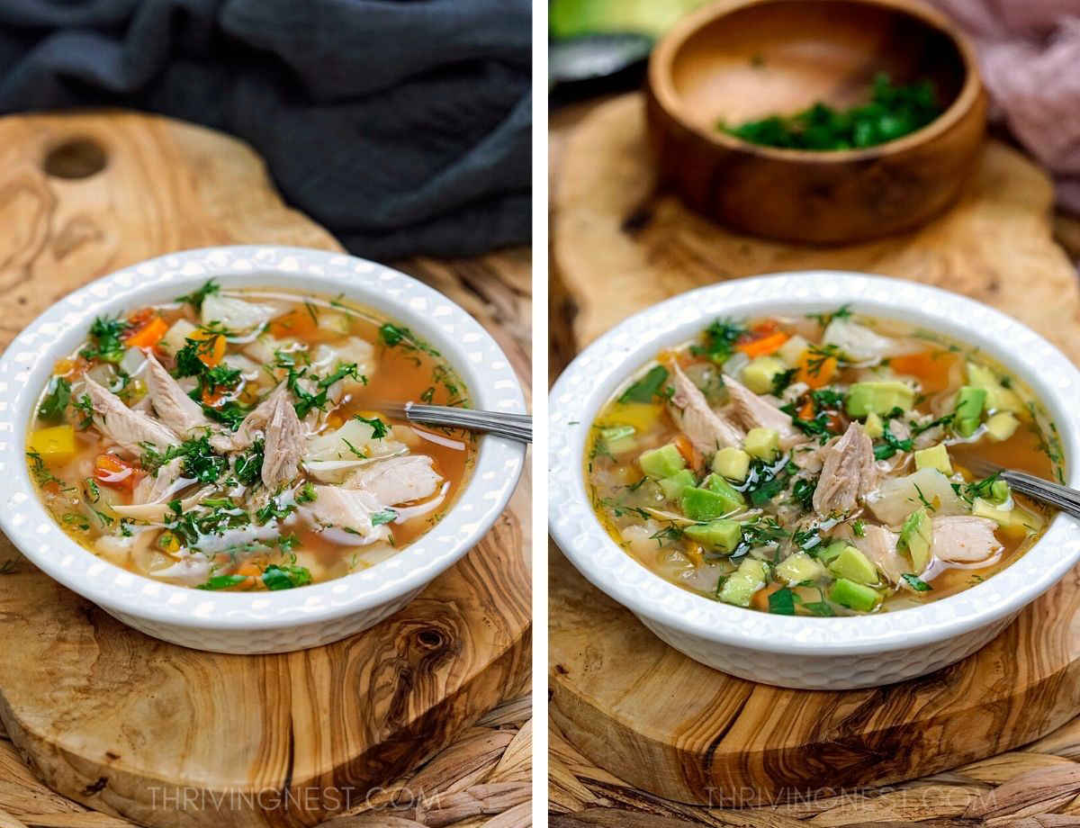 Serving the chicken soup as it is, or  with added avocado for a more filling meal.