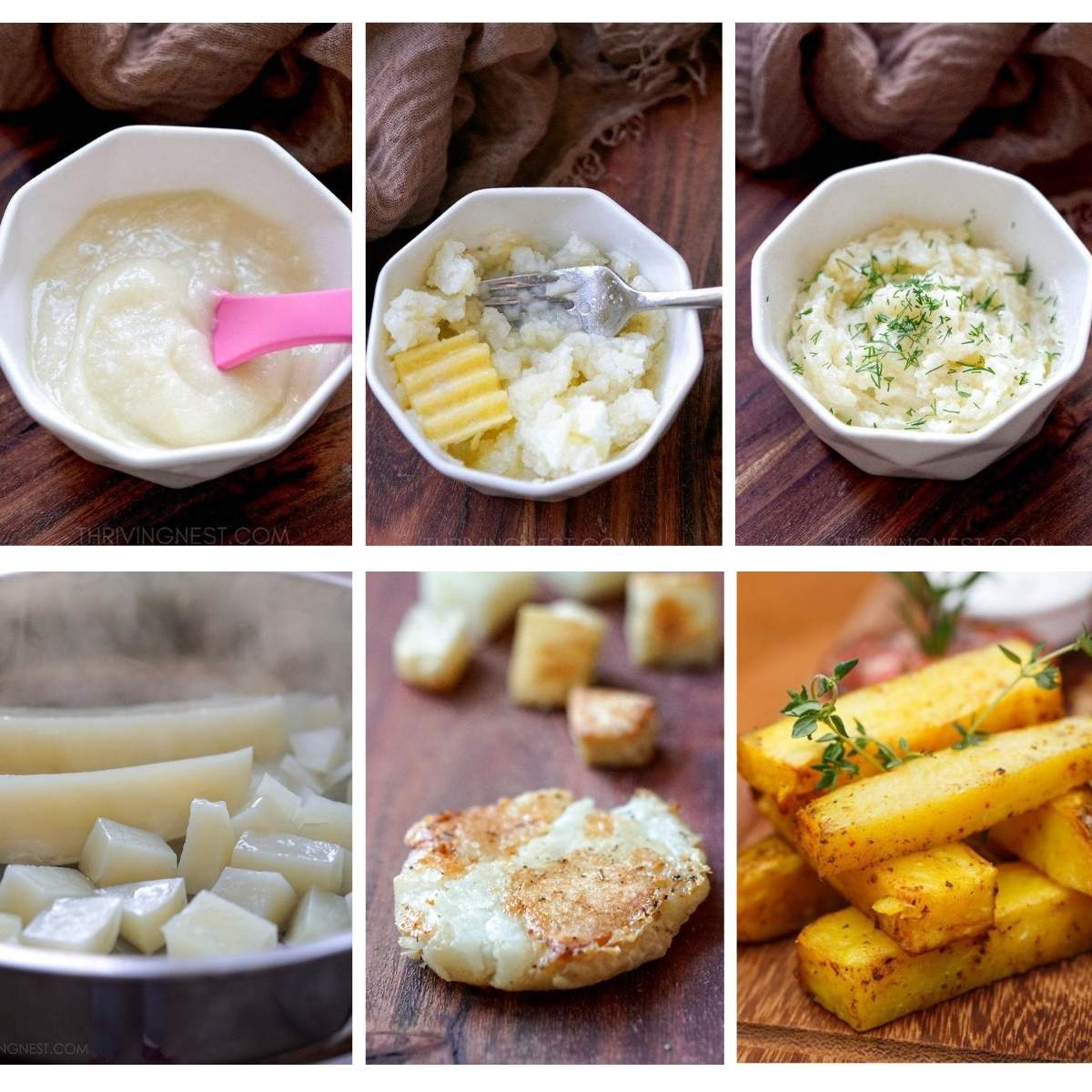 Potatoes for baby-led weaning served as soft steamed wedges, roasted pieces and mashed potato for babies 6 months and older.
