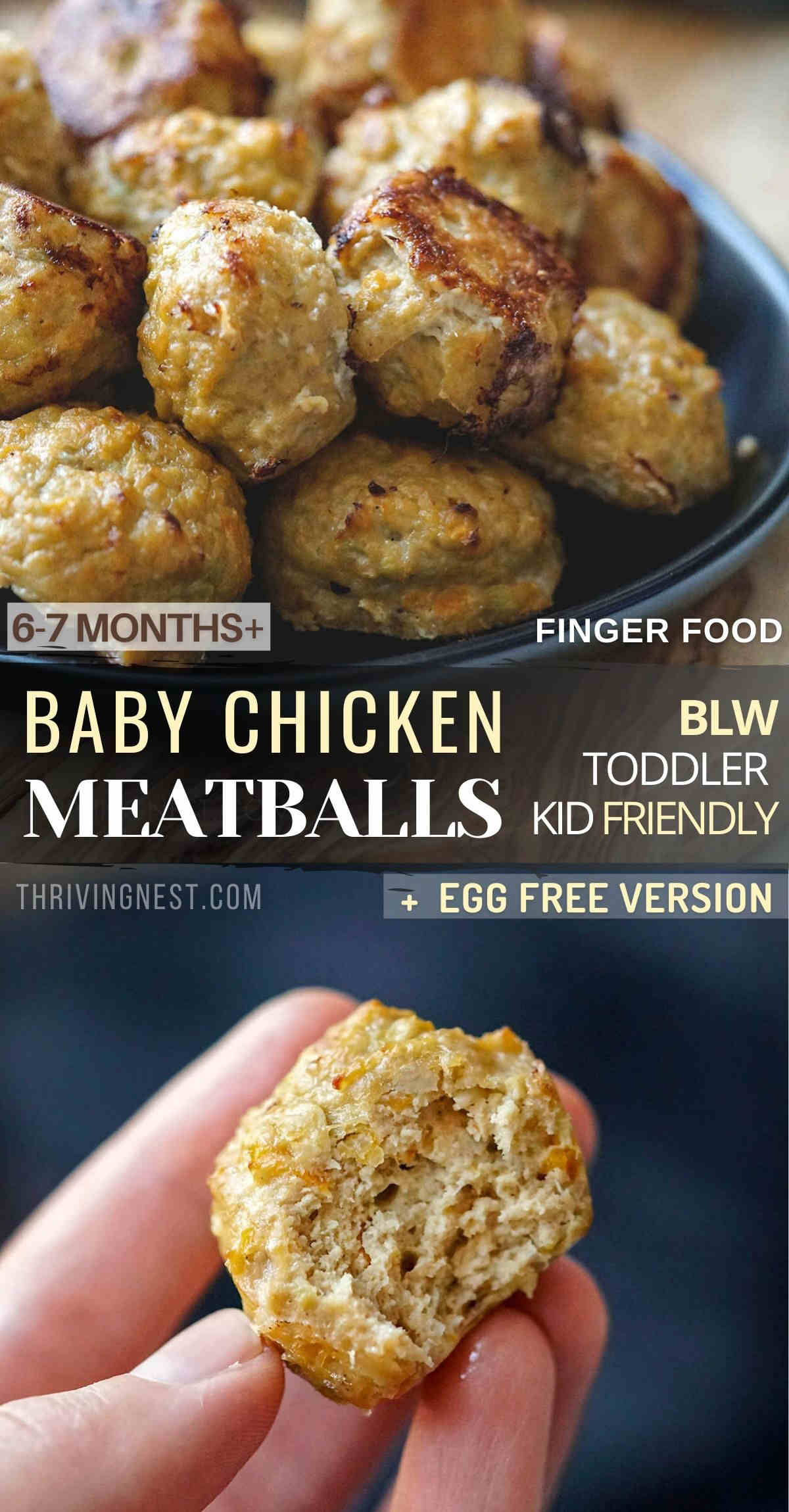 Soft chicken meatballs for baby made with ground chicken, soft avocado, carrot and other veggies, no bread or flour needed. These baby chicken meatballs are suitable for 6-7 month old babies and up, baby led weaning (BLW) as finger food, including toddlers and older kid’s school lunch box. Make egg free chicken meatball for babies without breadcrumbs or cheese. #babychickenmeatballs #babyledweaning #babyfingerfoods #chickenmeatballsforbabies #babychickenrecipe #6months #toddlerchickenmeatballs
