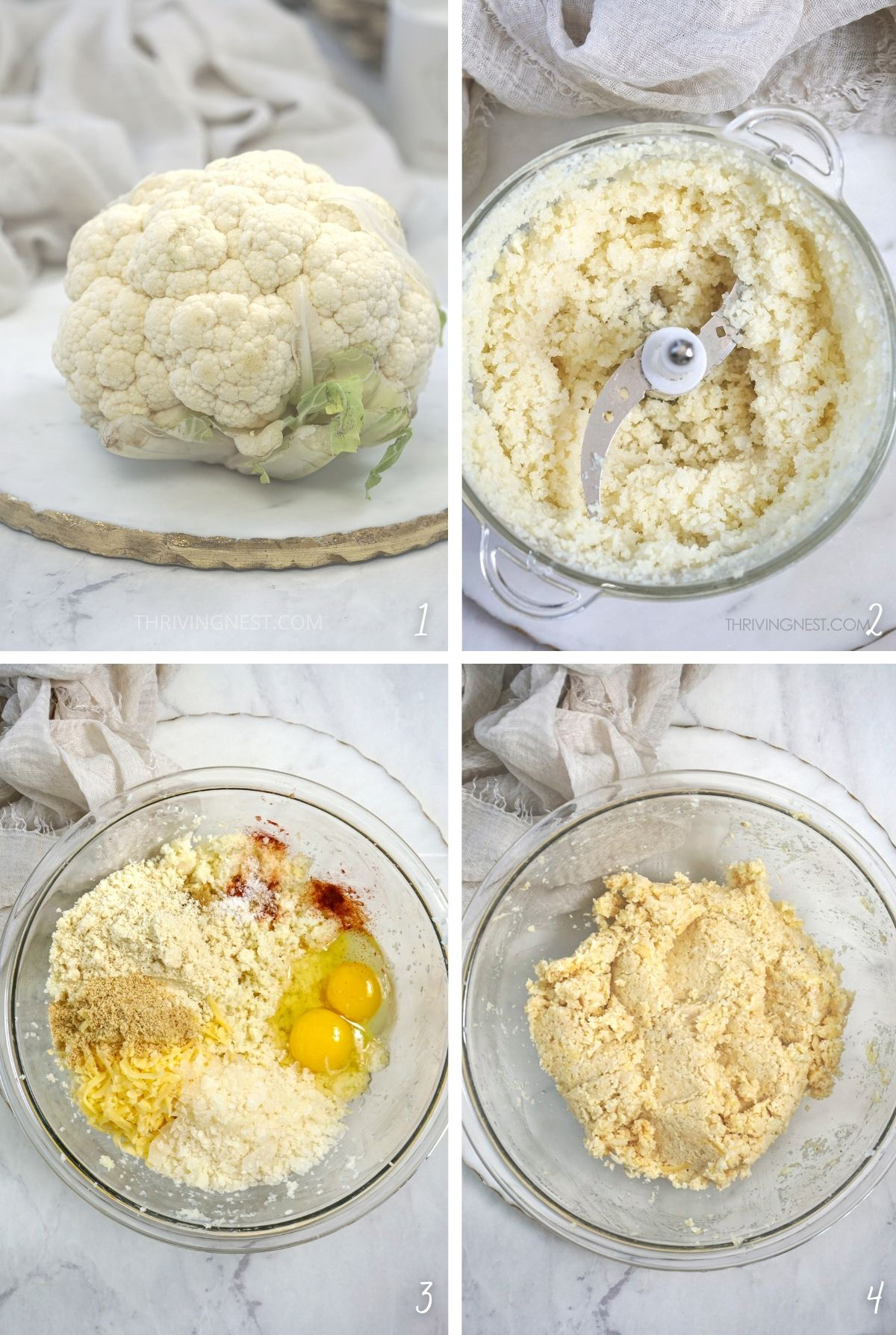 How to make cauliflower thins step by step process shots: make cauliflower rice first then mix the rest of ingredients.