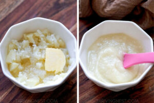Creamy homemade mashed potatoes for babies thinned with broth and served in a small bowl.