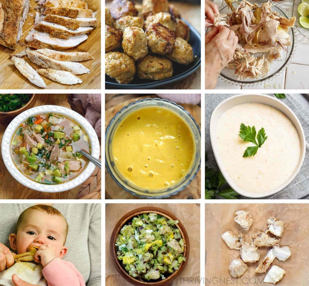 How to prepare cook cut and serve chicken for babies starting from purees and smooth soups to finger foods made with cooked chicken and ground chicken. Baby chicken recipes for babies 6 months and up suitable for baby led weaning as well. #babychickenrecipes #chickenforbaby #chickenbabyfood #babyledweaning