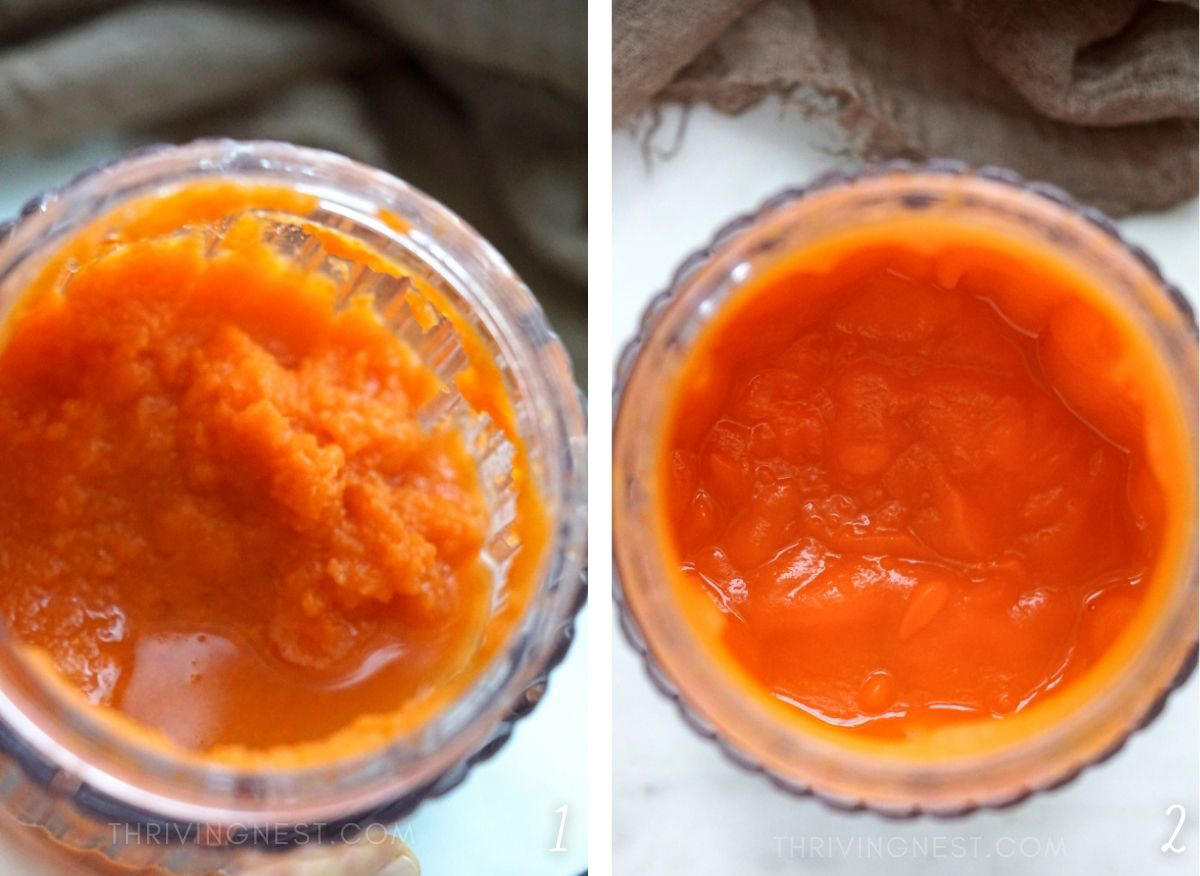 How to make carrot puree for 5-6 month baby (smooth, thin pourable texture).