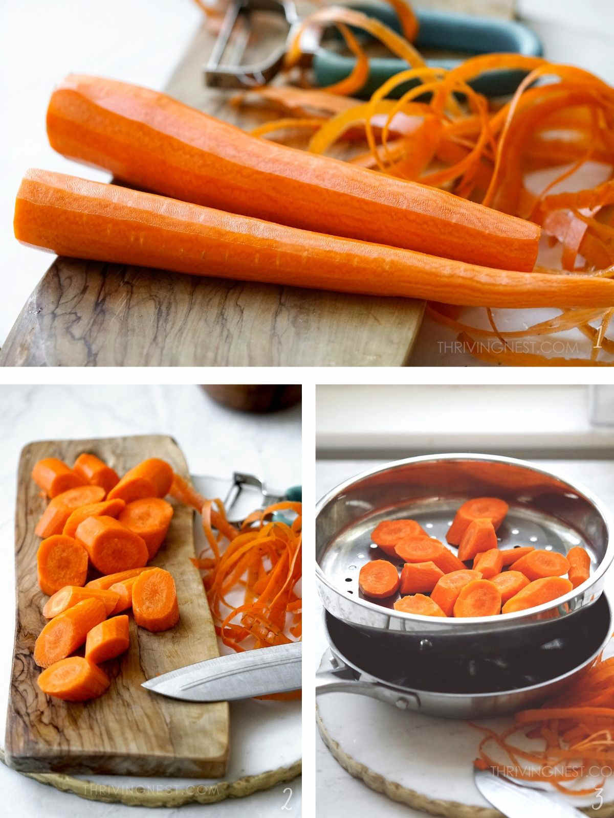 Process shots: preparing carrots for steaming: how to peel, cut and steam for baby.