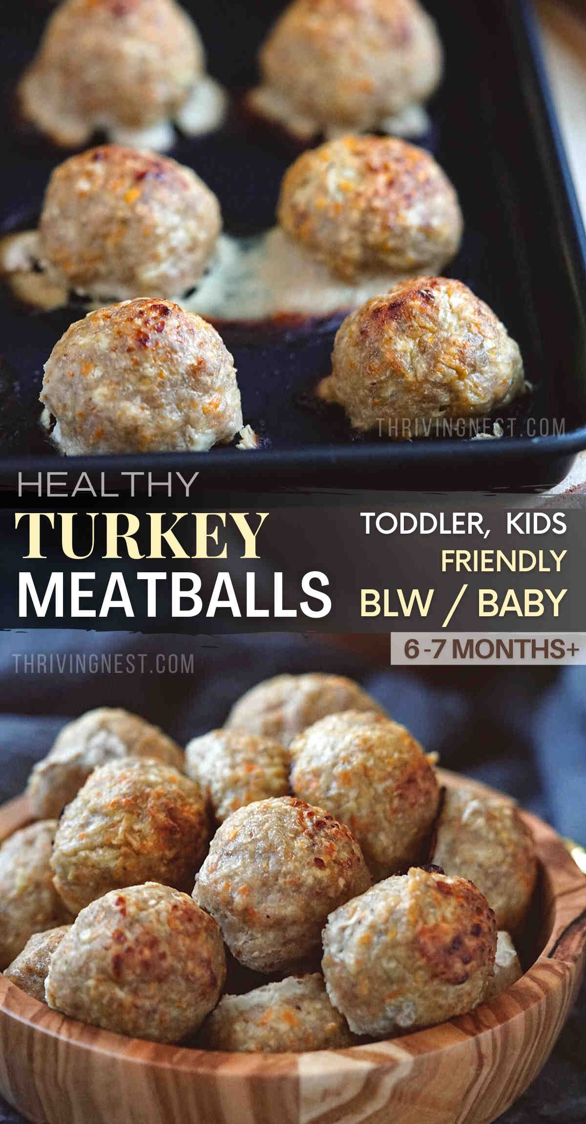 Soft turkey meatballs for baby made with ground turkey, vegetables and seasonings, no bread needed, + no egg option. These baby turkey meatballs are a great way to serve turkey for babies starting from 6 months, for baby led weaning (BLW) as finger food, including toddlers and for older kid’s school lunch box. This turkey meatball recipe is naturally gluten free and dairy free and even GAPS friendly. #babyturkeymeatballs #turkeymeatballs #blw #turkeybabyfood #babyfingerfood