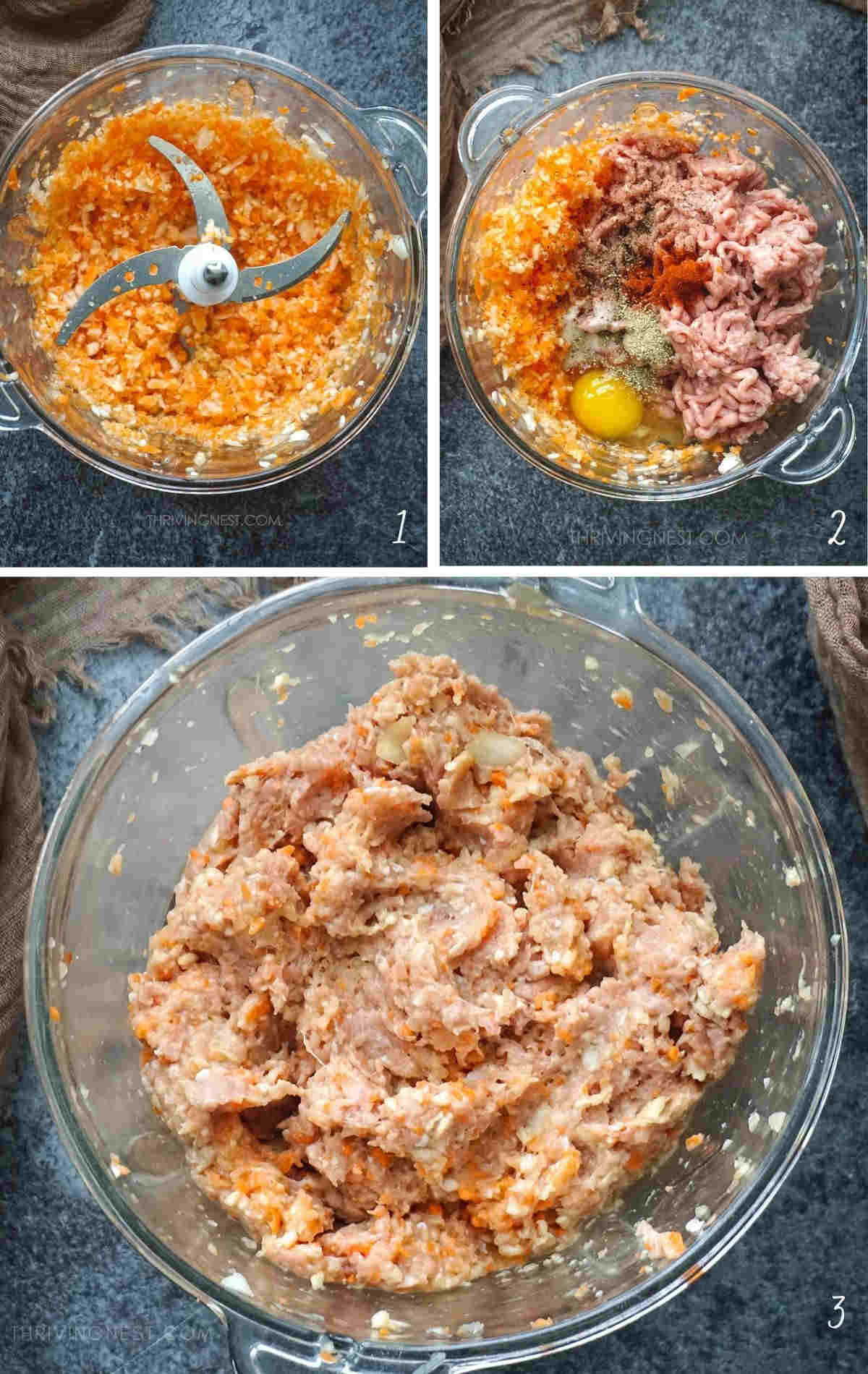 Process shots: combining the ground turkey with veggies, egg and seasoning for baby turkey meatballs.