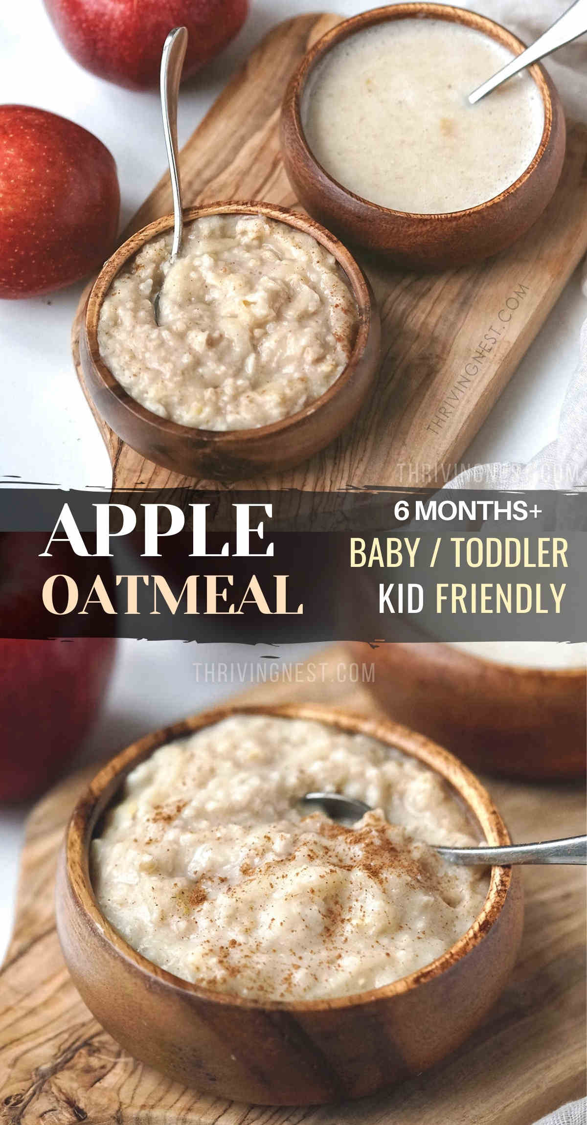 This apple oatmeal for baby is simple and easy to make. Flavored with apple and touch of cinnamon this baby oatmeal can be ready in just under 10 minutes. Adjust it’s texture according to your baby’s age by adding a little breast milk, or other milk to make it smoother. This baby oatmeal porridge makes a delicious breakfast that can be served for babies 6 months and up, toddlers and older kids. #oatmealforbaby #oatmealforbabies #appleoatmeal #oatmealbabyfood #babyoatmeal #babyporridge
