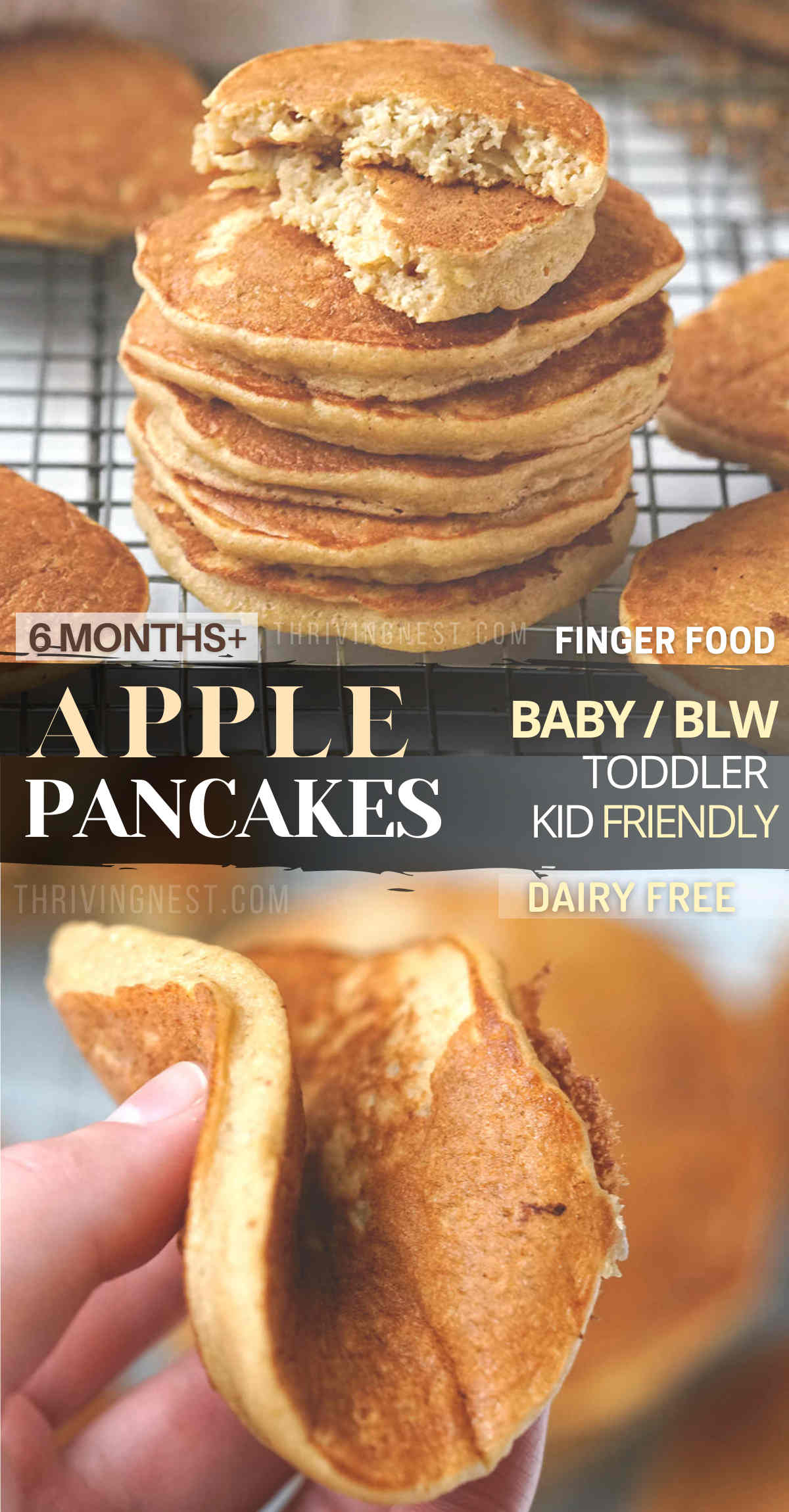 Moist fluffy apple pancakes for baby with a nice texture and flavor from fresh grated apple, apple sauce, oats and cinnamon. The batter for these baby apple pancakes is easy to whip up in just under 10 minutes. Make these apple pancakes for baby led weaning as finger food for breakfasts and freeze the extra. Cold leftover apple oat pancakes make a great after-school snack as well! #applepancakesforbaby #applepancakes #babypancakes #babyledweaning #applesauce #babyapplepancakes #pancakerecipe