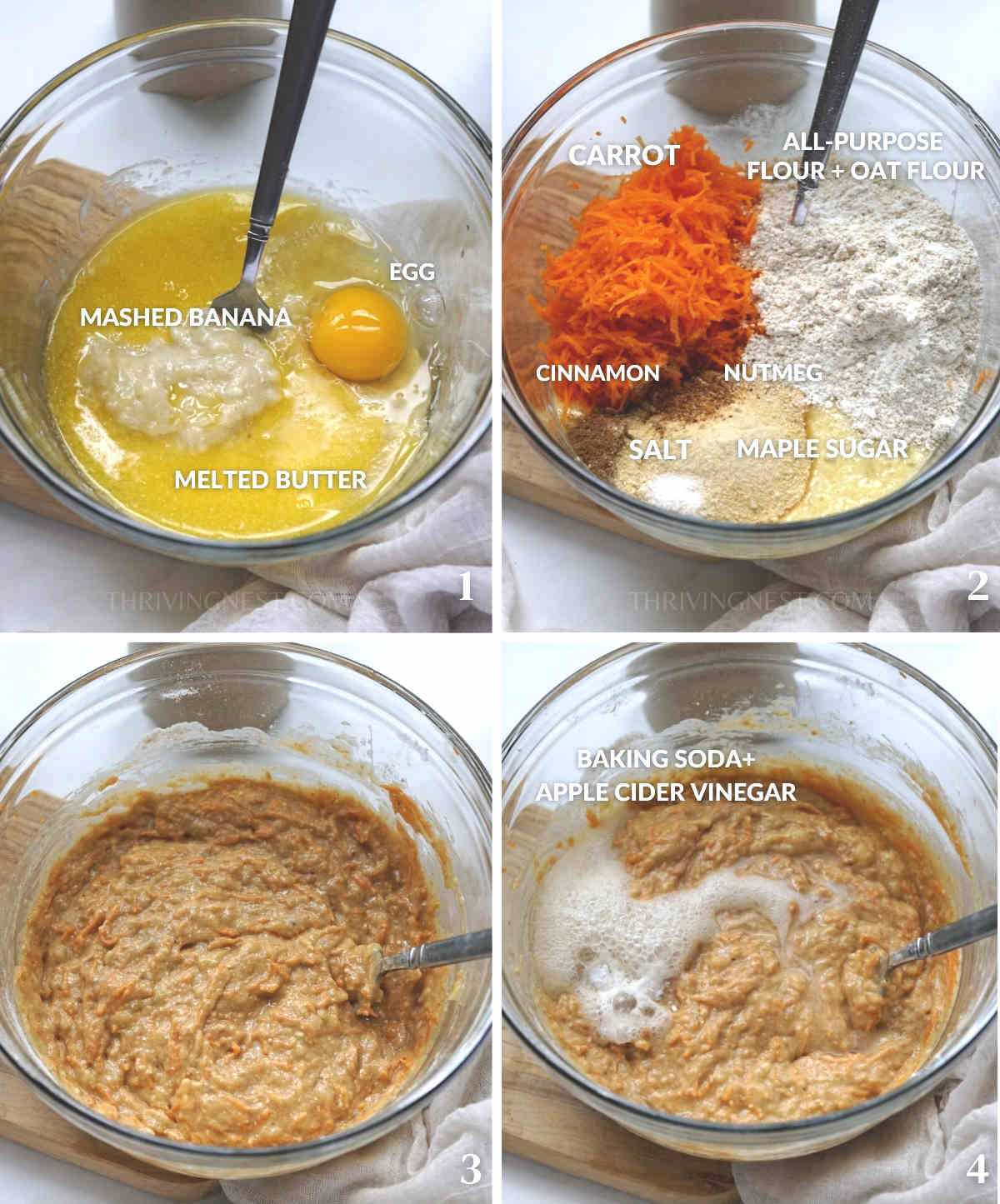 Process shots showing how to mix dry ingredients with wet ingredients and form the banana and carrot muffin dough.