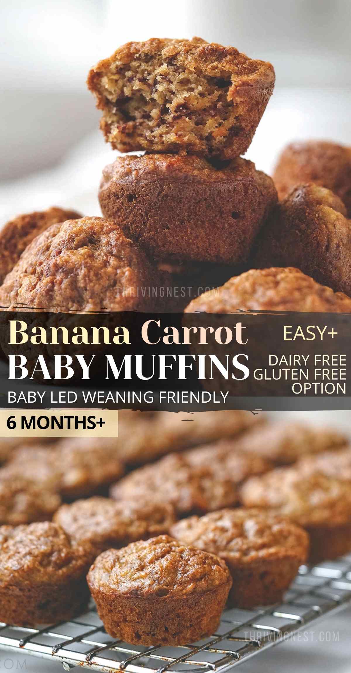 Healthy banana carrot muffins for baby toddler / kids  - naturally sweetened with carrots and banana, enriched with oatmeal and with a soft, moist texture. These healthy baby muffins are freezer friendly and a great breakfast or snack for babies (6 months+), toddlers and older kids. Get these baby friendly carrot banana muffins done in just under 40 minutes. #babymuffins #bananacarrotmuffins #carrotbananamuffins #babyledweaningmuffins #babyledweaning #carrotmuffins #minimuffins #healthymuffins 