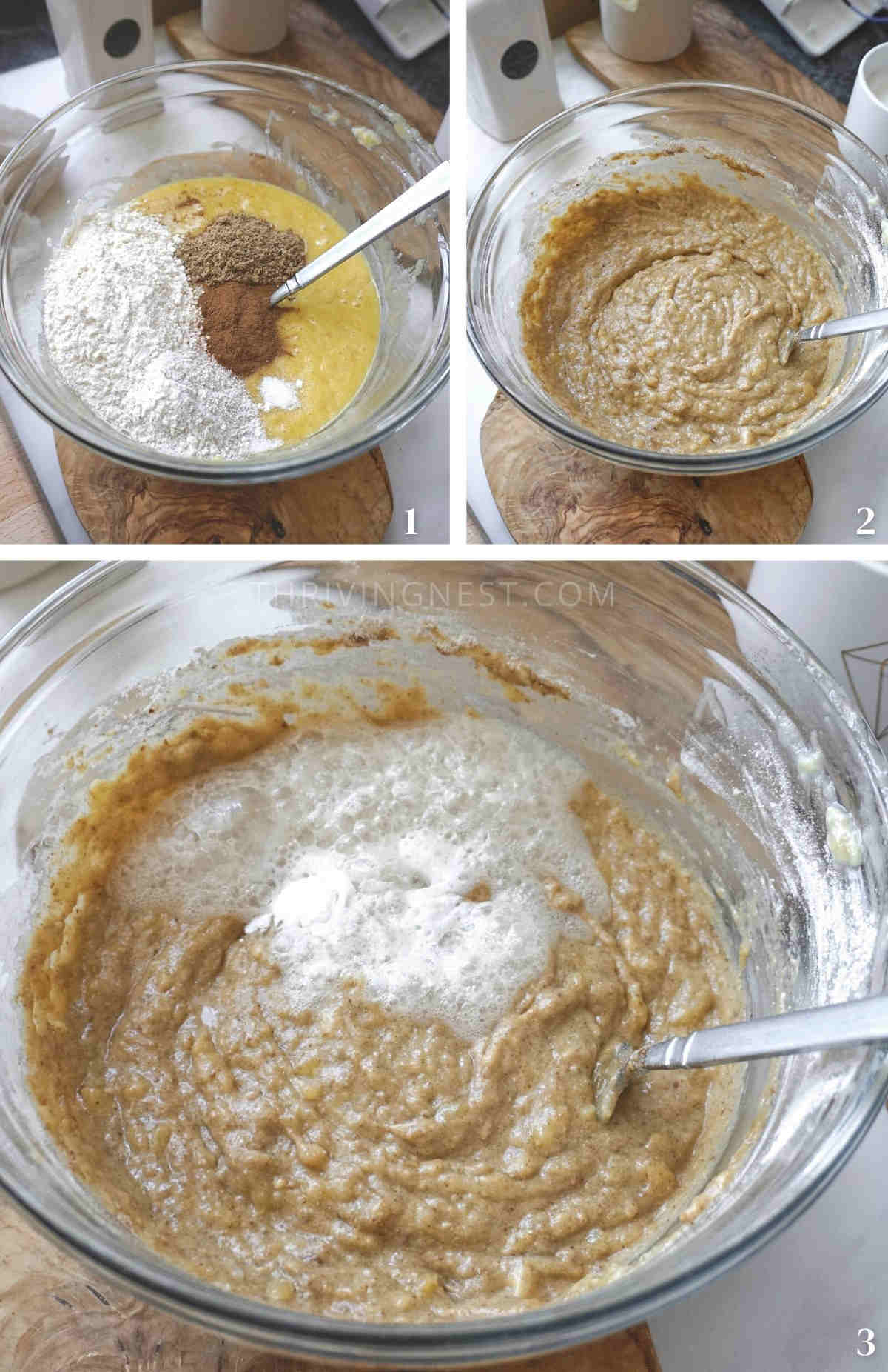 Process shots showing dry ingredients and the addition of baking soda and lemon juice for leavening.