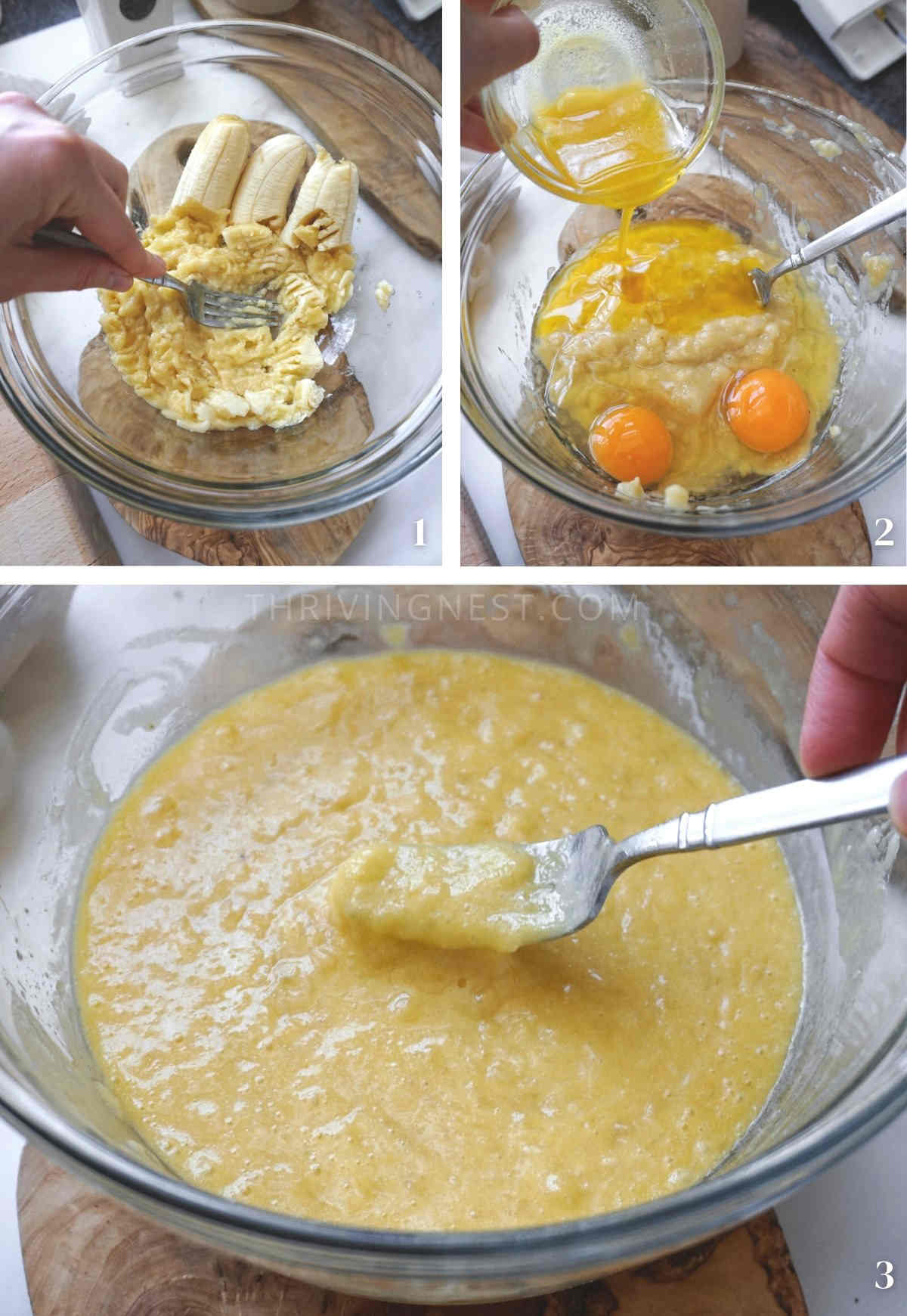 Process shots showing how to mix mashed bananas with eggs and melted butter.