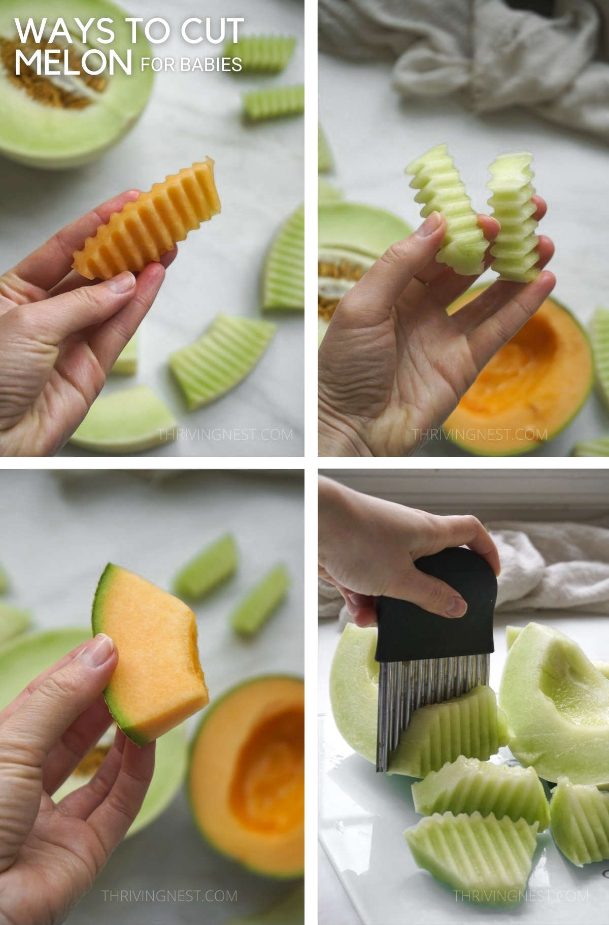 Ways to cut honeydew and cantaloupe melon for babies. Crinkle cutting the melon with wavy edges, add grip to slippery melon. Serving melon to babies.