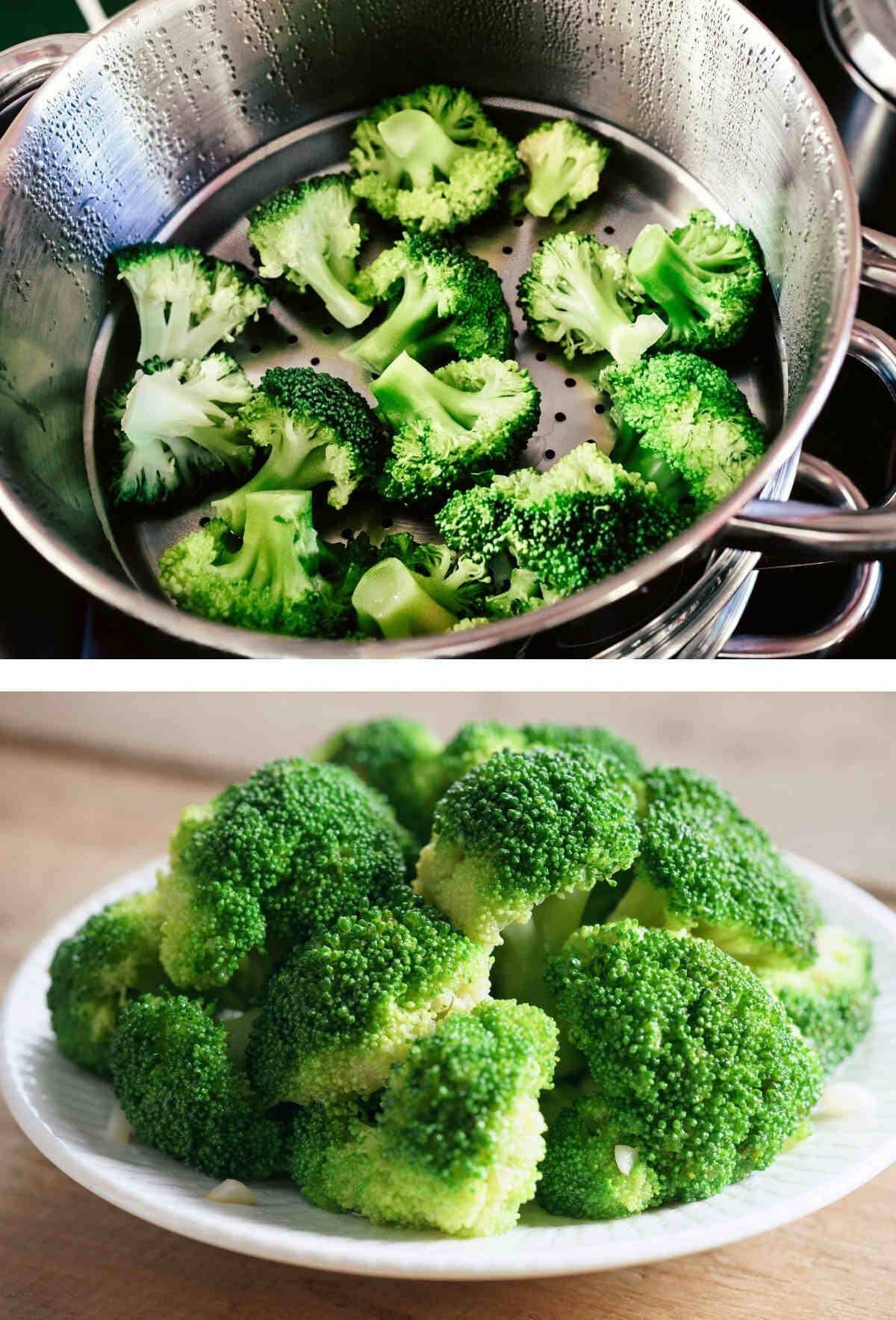 Process shots showing how to steam broccoli for baby broccoli puree.