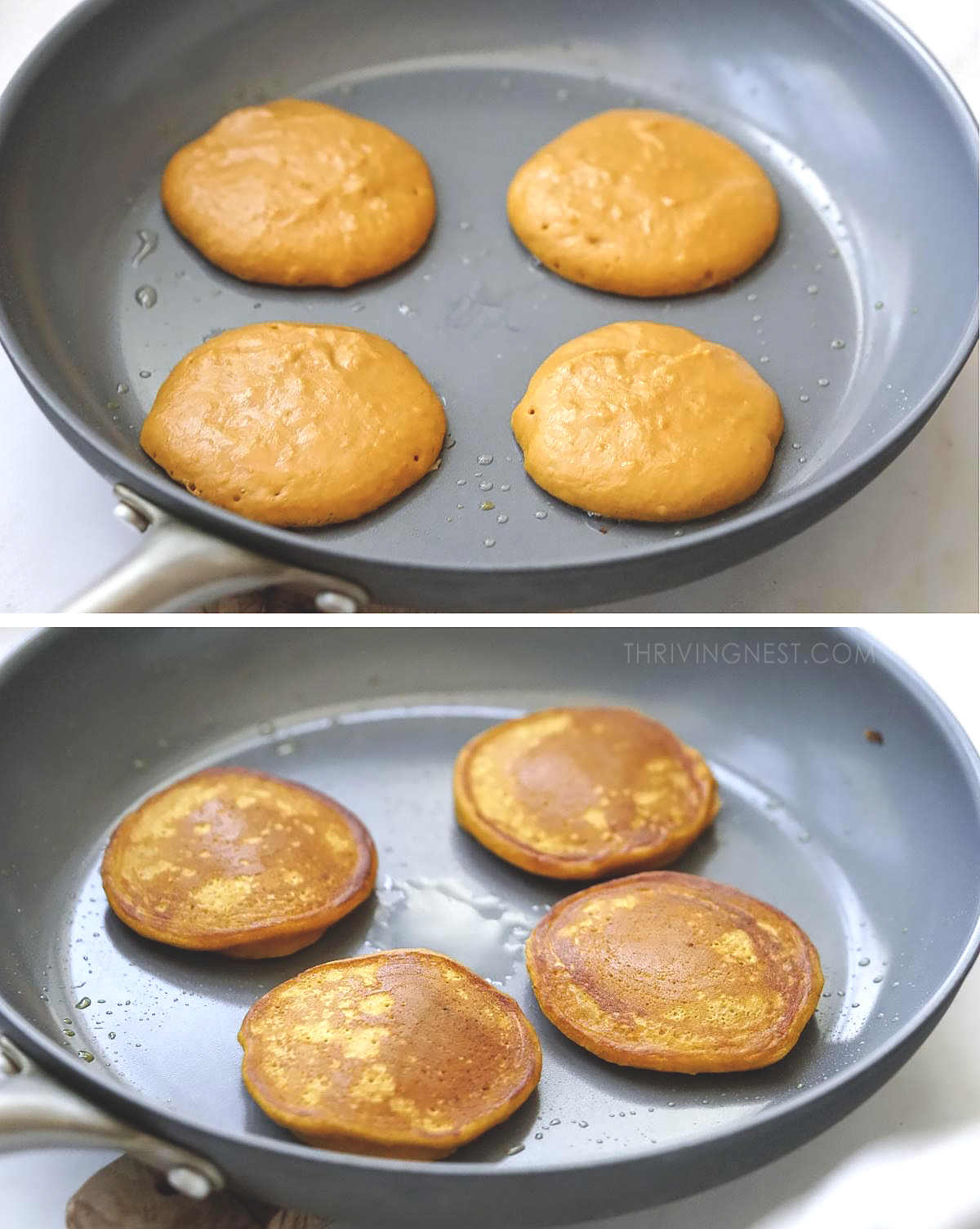 Process shots showing how to cook the sweet potato pancakes for babies.