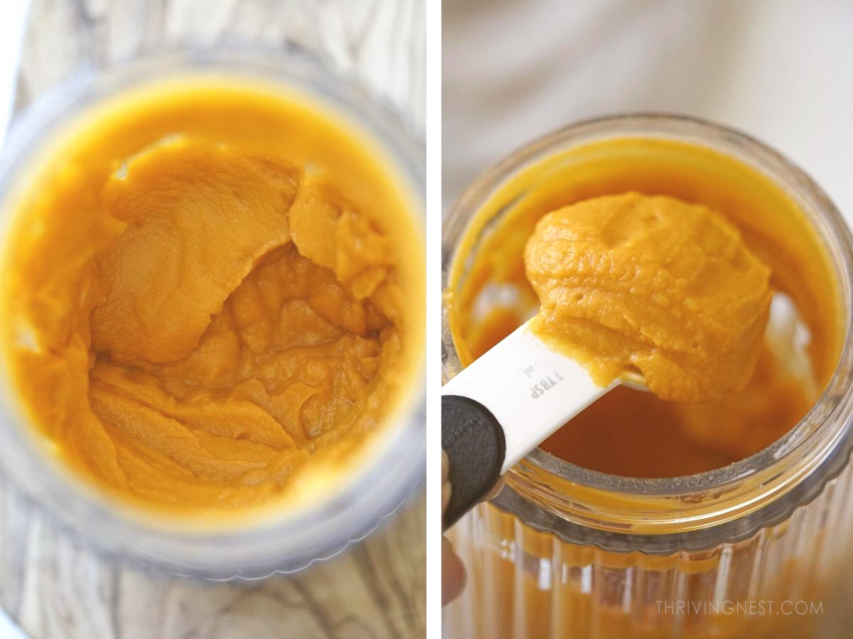 Sweet potato puree in a blender for pancakes.
