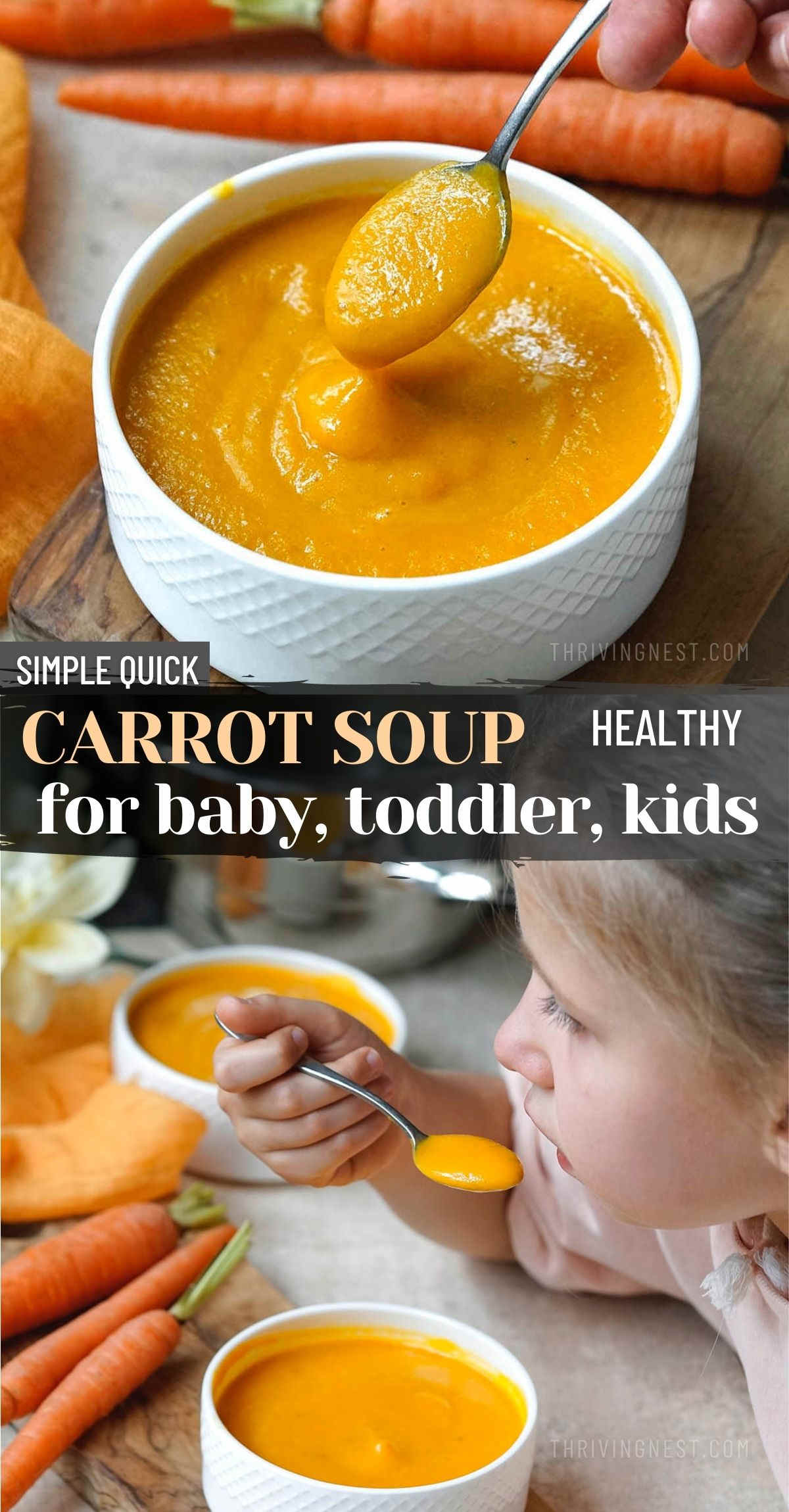 A healthy and delicious carrot soup recipe to introduce to your baby or toddler as their first complex meal. Carrots are a great source of nutrients and your little one will love the sweet and creamy taste. This baby carrot soup is suitable for babies starting solid foods at 6 months +, toddlers and older kids! #babycarrotsoup #carrotsoup #babysoup