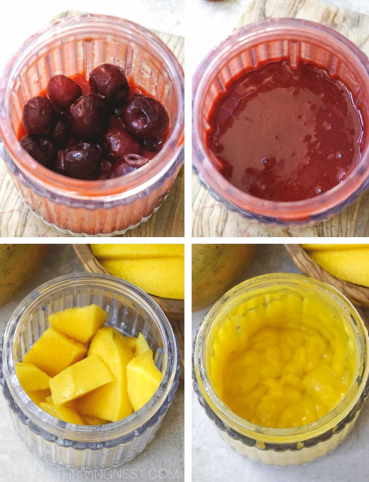 Process shots showing how to blend cherries and mango for popsicles.