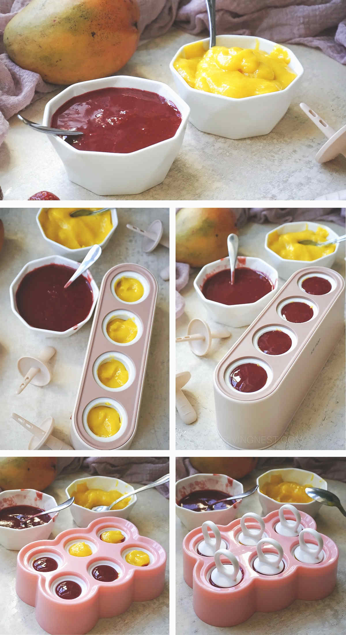 Process shots showing how to make cherry mango popsicles and ring pops for kids.