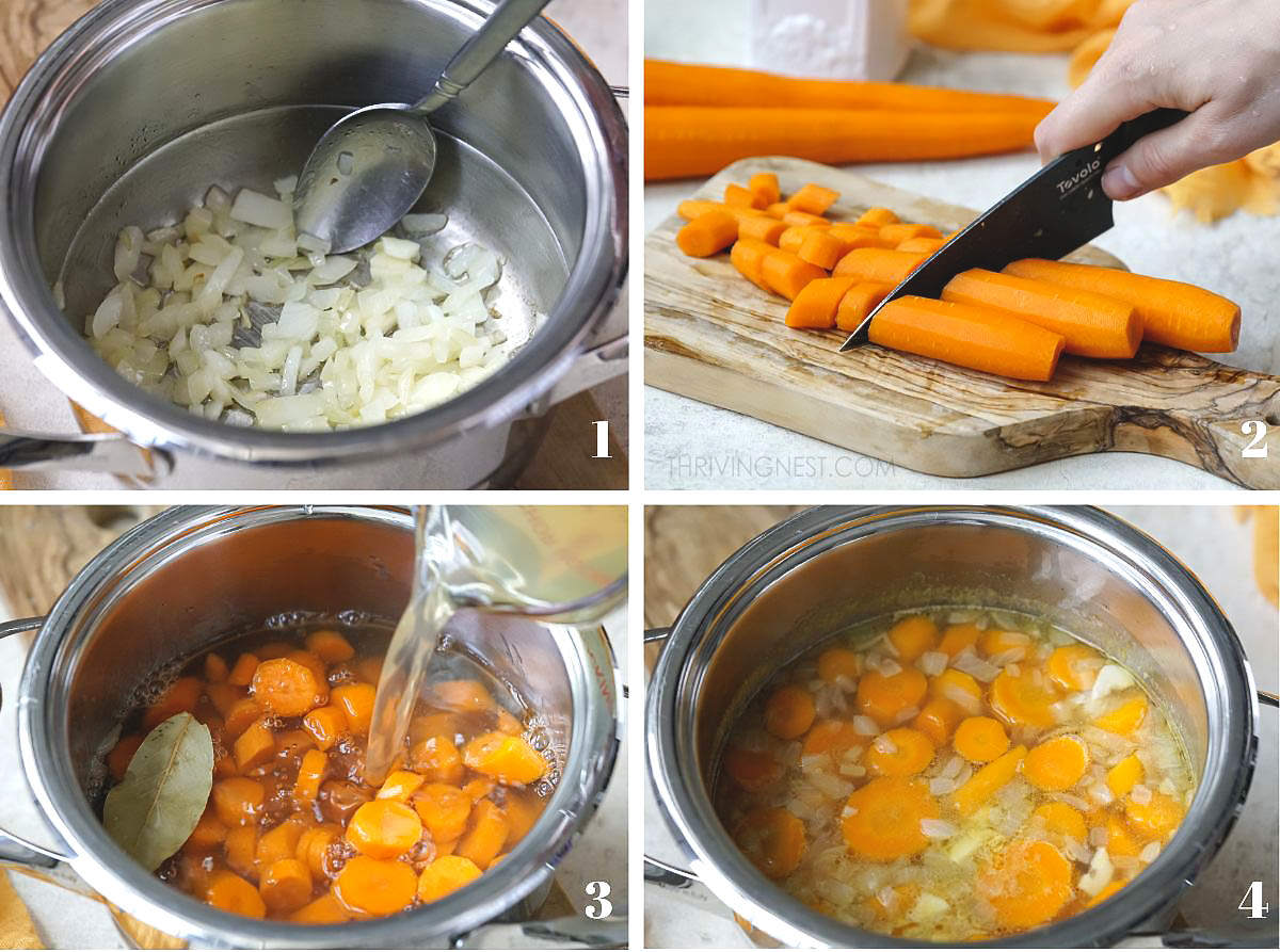 Process shots showing how to make carrot soup for baby.