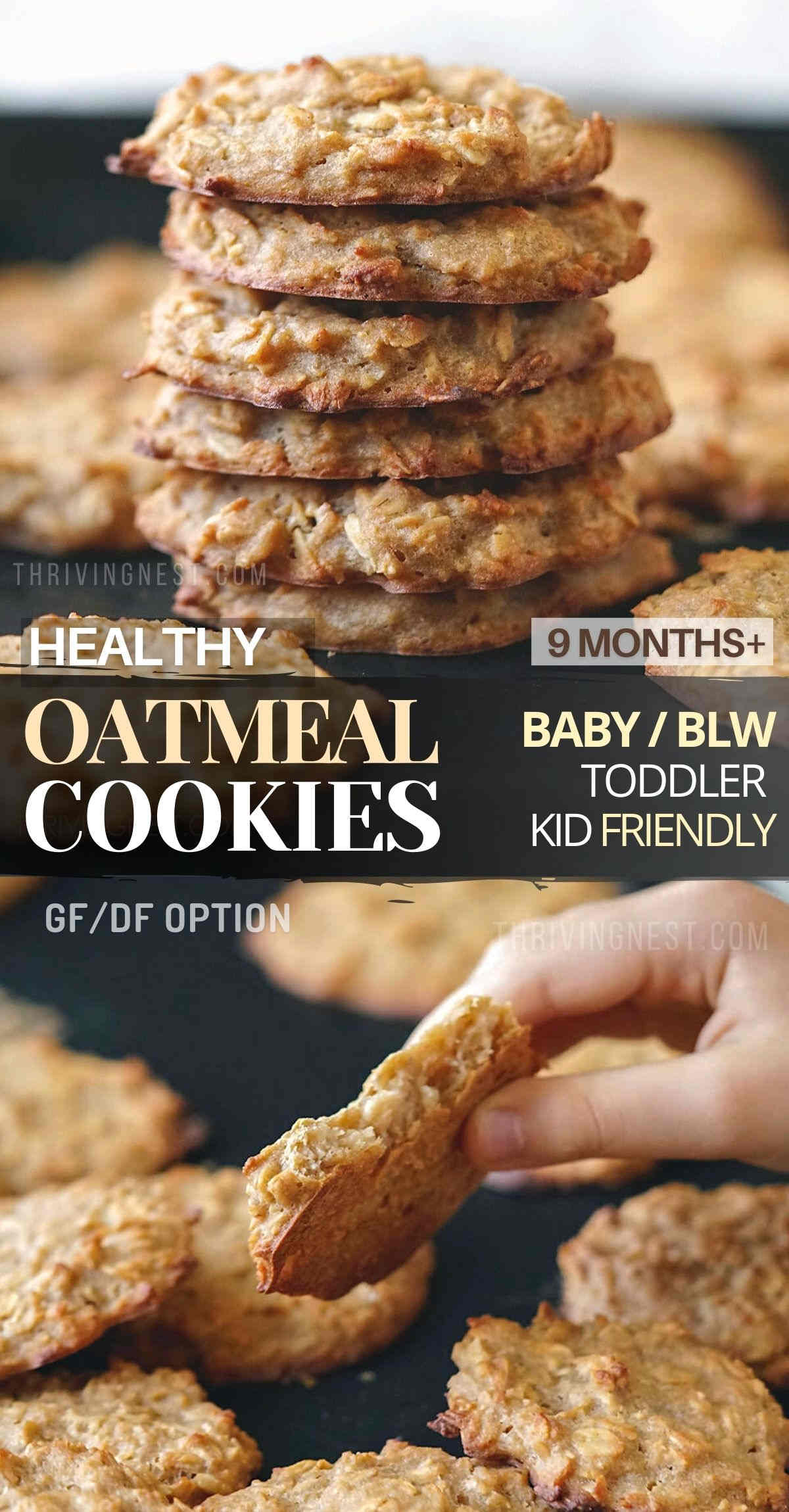 These Healthy Baby Oatmeal Cookies are soft, chewy, and full of nutritious ingredients. You can customize the recipe according to your baby's needs by using different purees, such as apple sauce, banana, or other favorite purees. Serve these cookies as a snack or breakfast, and pack them in small lunch boxes for older kids. Great for baby led weaning too! #blw #cookies #baby #toddler #kids #recipe