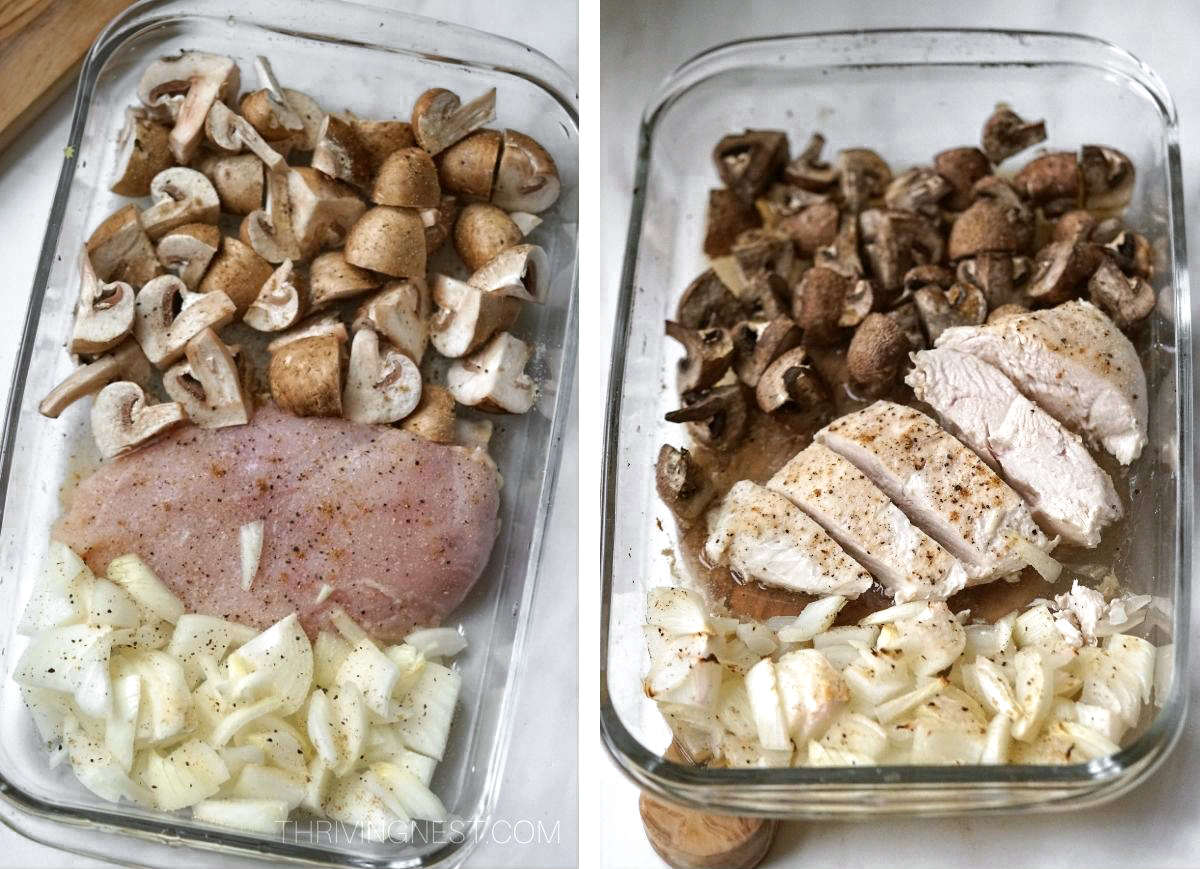 How to make the mushroom chicken filling for crepes. Chicken breast, onion, mushrooms baked in the oven.