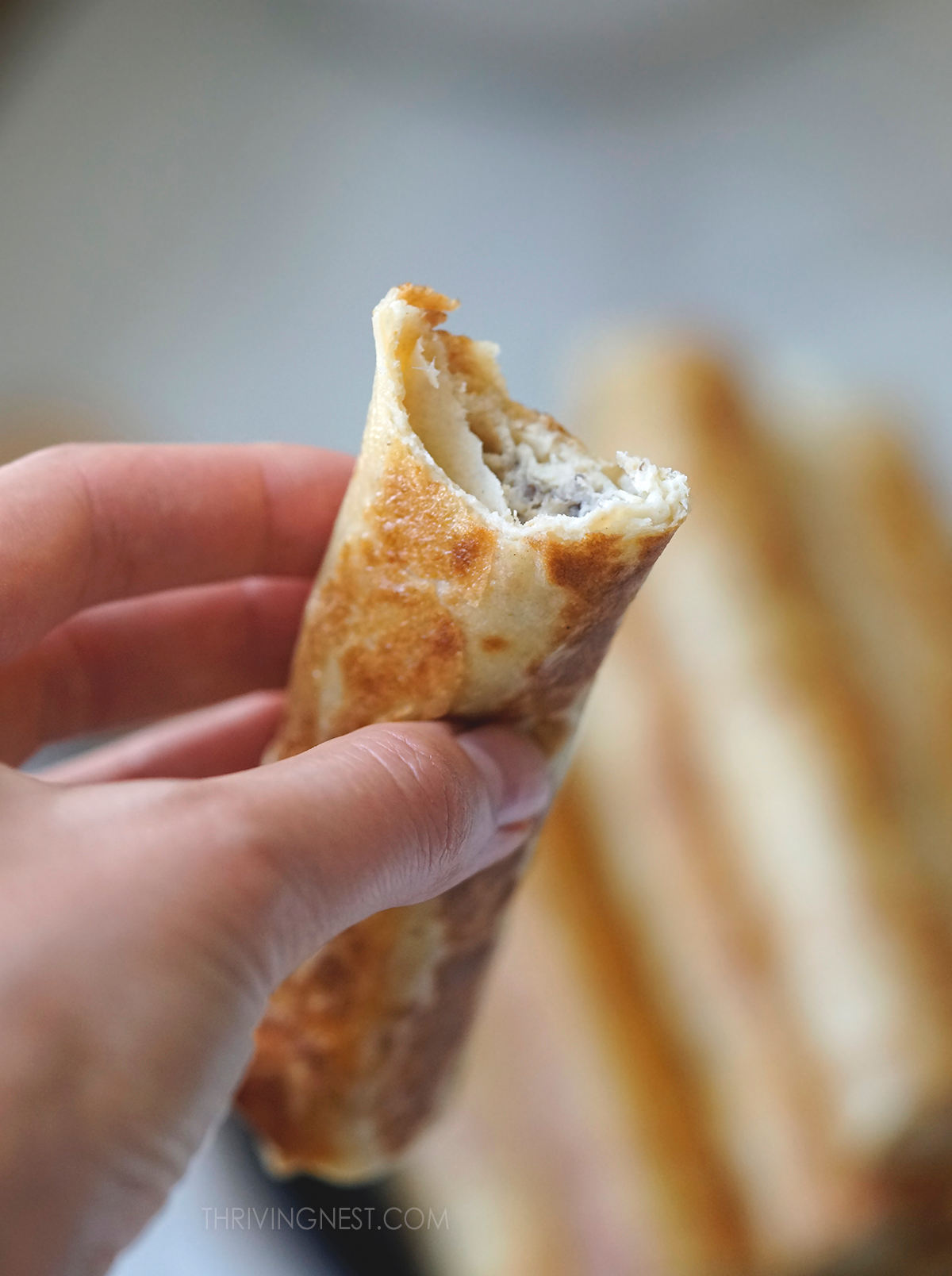 Close up shot of chicken crepe roll up.