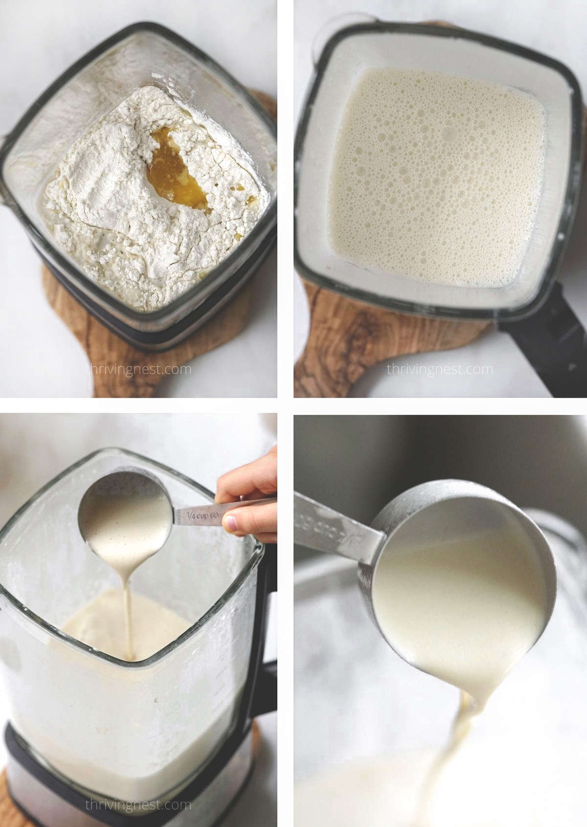 Process shots showing how to make crepe batter in a blender.