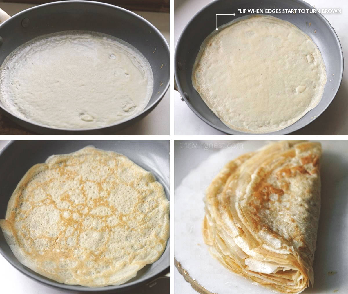 Process shots showing how to cook baby crepes in a skillet.