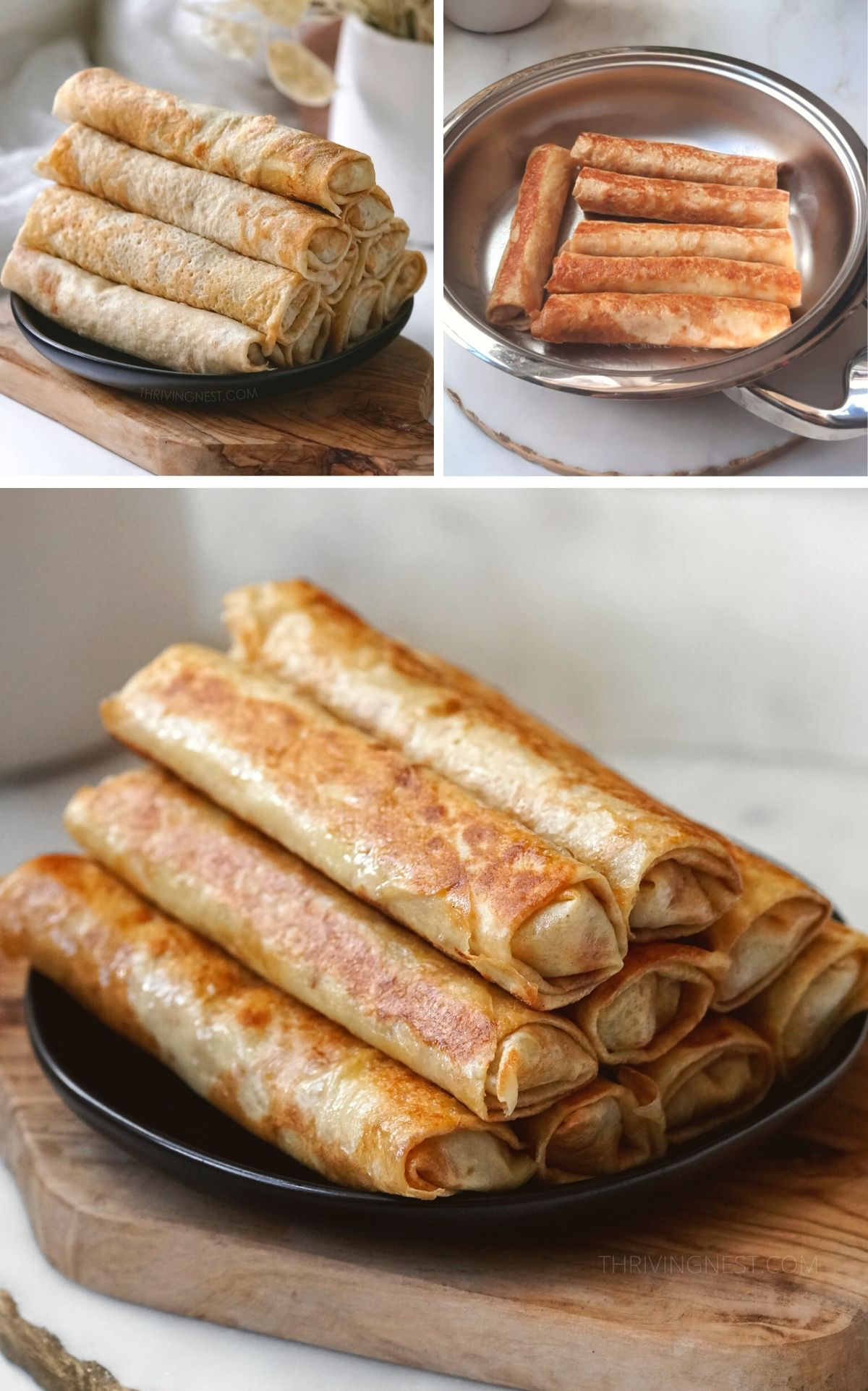 Process shots showing how to sear the crepe roll ups in the pan after rolling.
