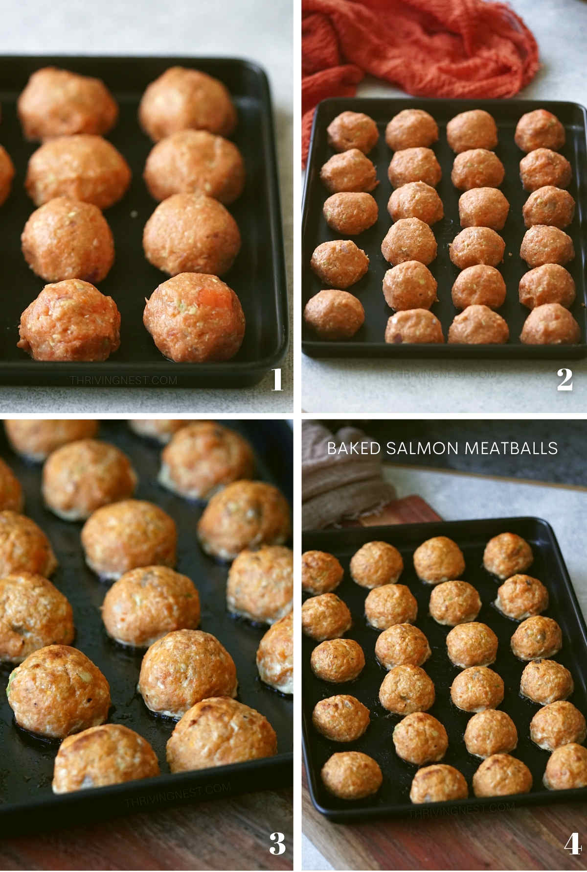 Process shots showing how the salmon balls are made and baked in the pan.