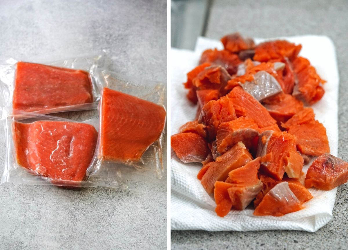 Process shots showing the amount of salmon used for this recipe and how it was chopped.